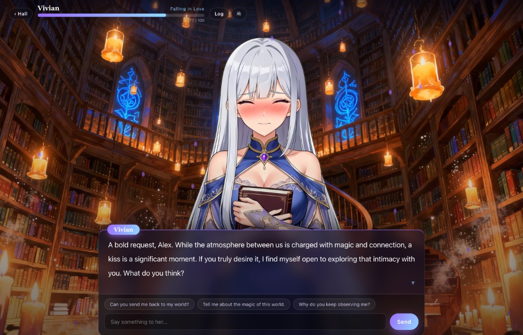 Intimate moment in an AI Gal game made on SEELE — a blushing heroine at 'Falling in Love' open to a first kiss