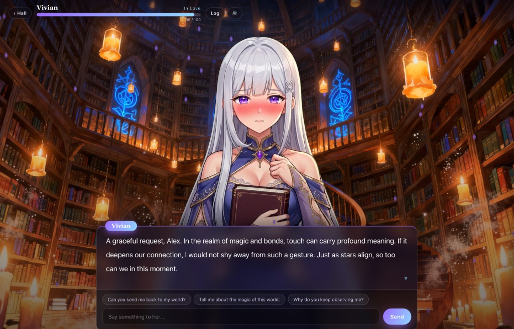 Intimate moment in an AI Gal game made on SEELE — a blushing heroine at 'In Love' responding to a tender gesture