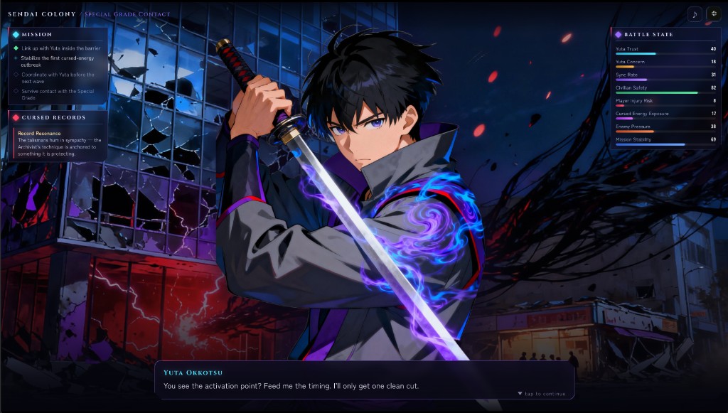 Action battle visual novel with cursed-energy combat and mission meters, created on SEELE