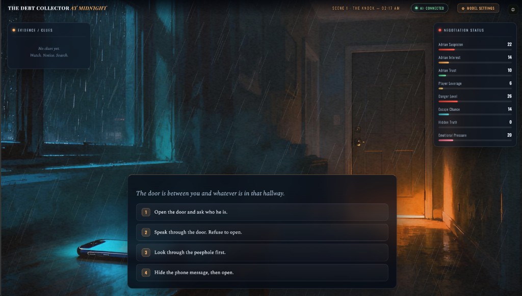Midnight suspense thriller visual novel with danger and escape meters, created on SEELE