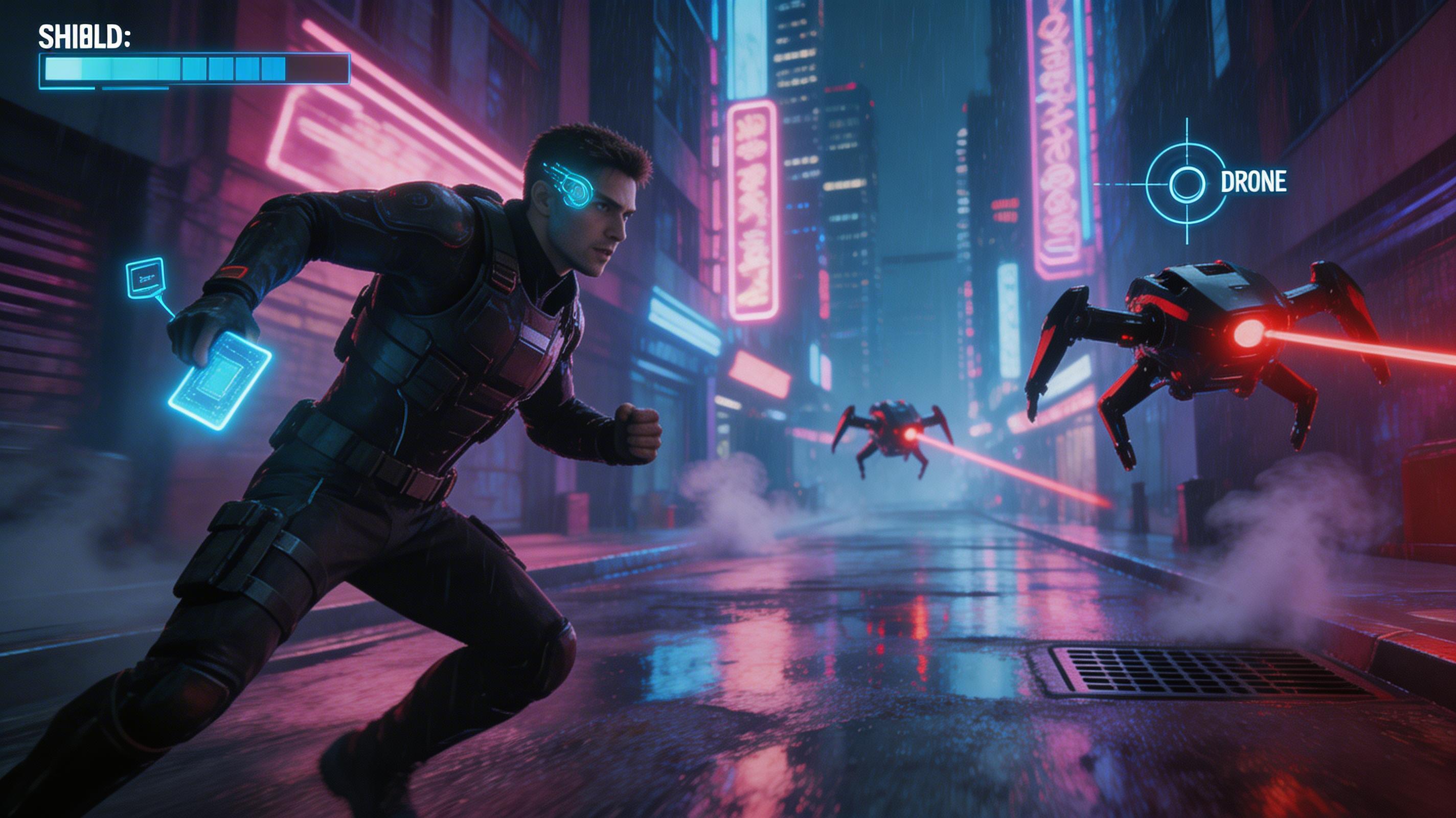 Cyberpunk chase scene with neon drones