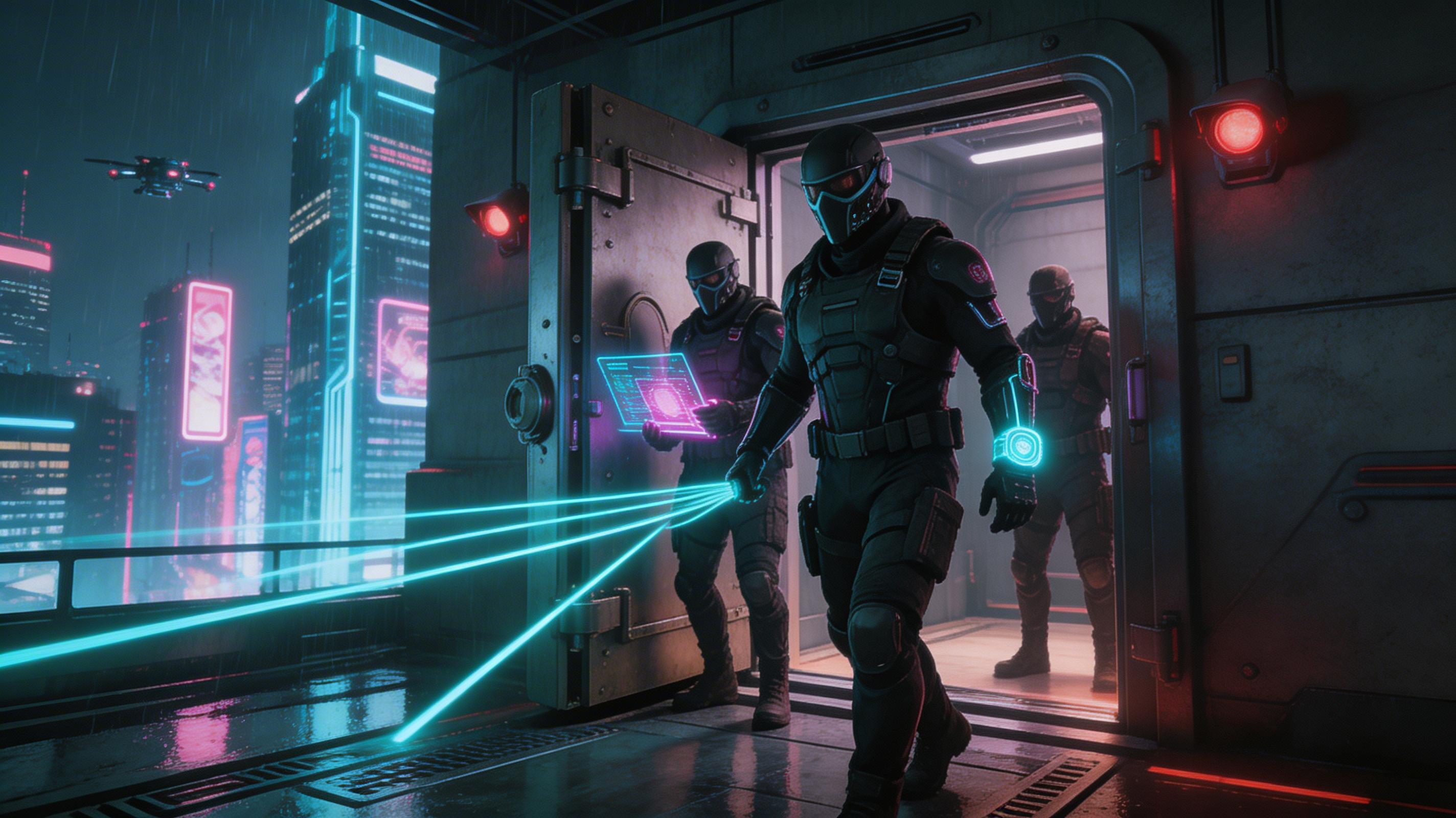 Cyberpunk squad breach scene
