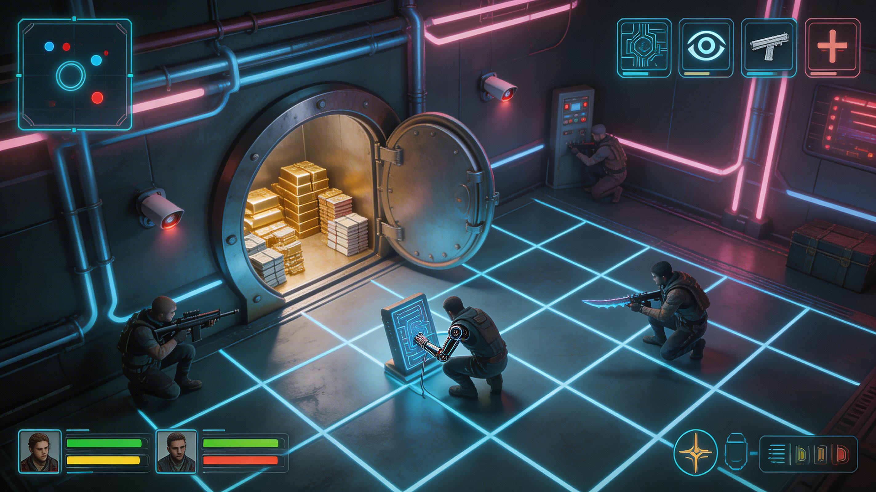 Cyberpunk tactical vault heist scene