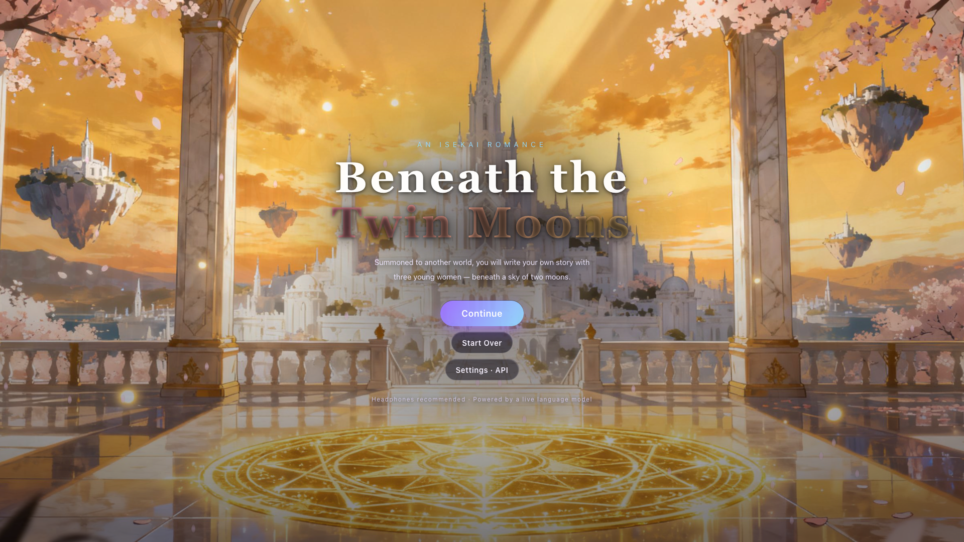 A fantasy landscape with floating islands and a castle beneath a golden sky.