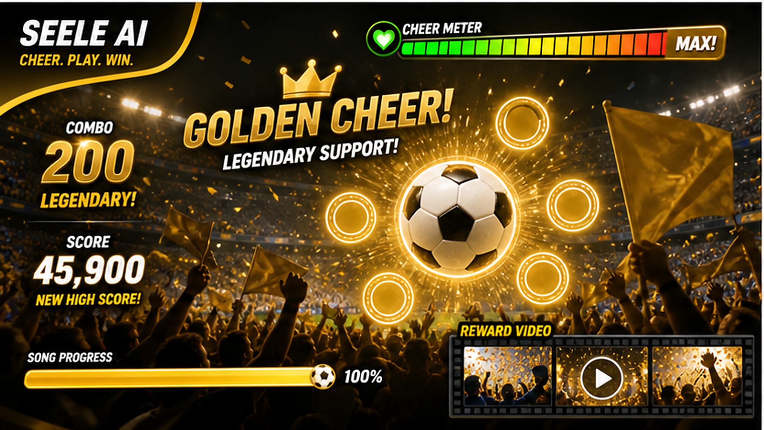 Generated football fan cheering mini game preview with stadium crowd, chant timing UI, crowd energy meter, combo score, and celebration reward.