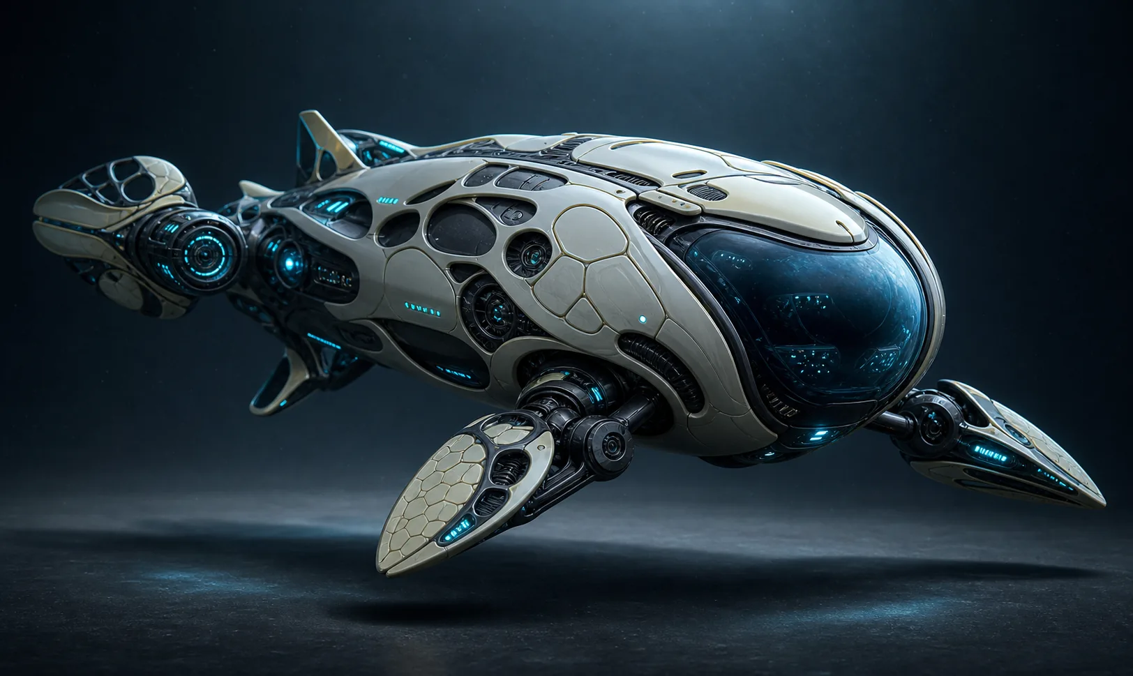 AI-generated 3D-style concept render of an original manta-inspired deep-sea exploration vessel