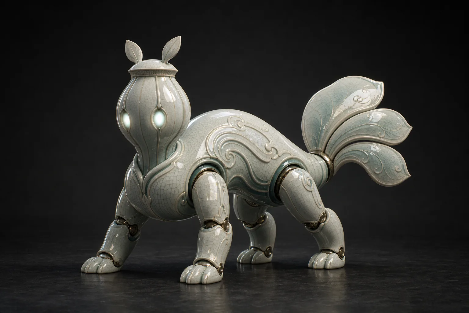 AI-generated 3D-style concept render of an original porcelain guardian creature