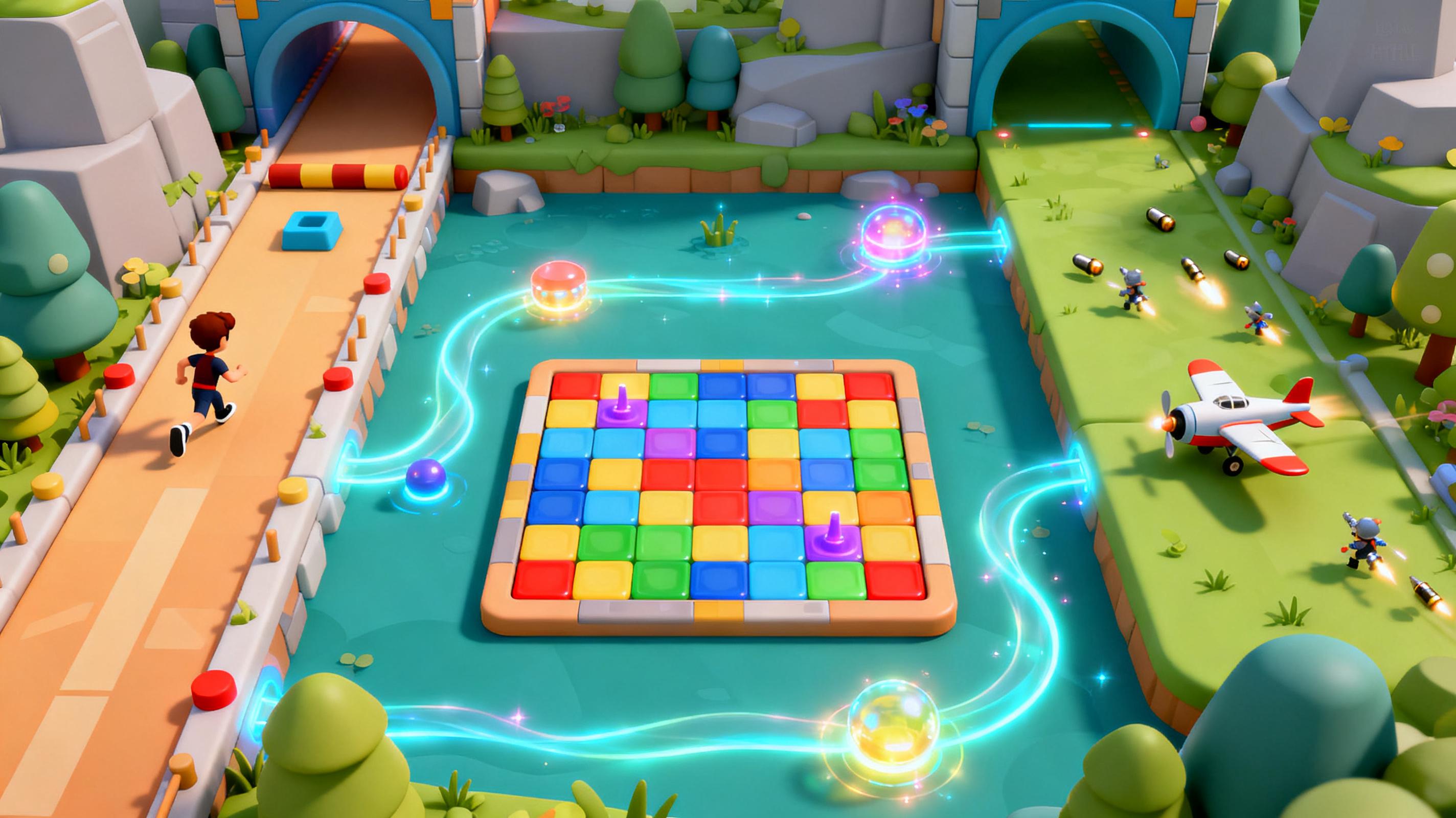 Generated AI mini-game generator hero preview combining runner, puzzle, and shooter gameplay paths.