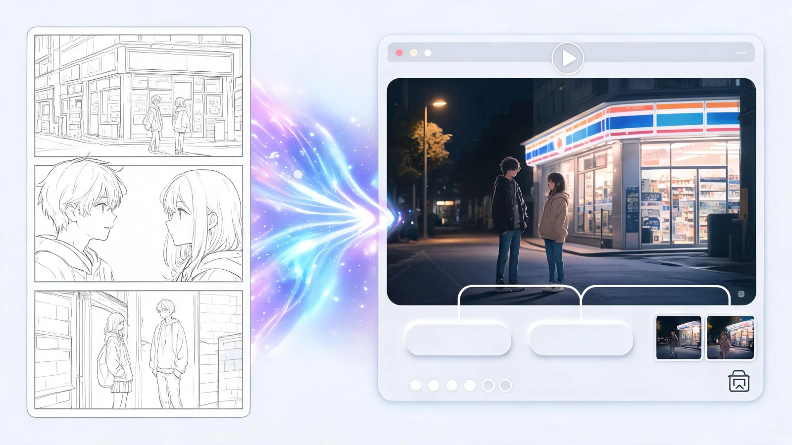 AI-generated evidence preview showing manga story panels mapped into live-action scenes, route choices, asset manifest, and QA checklist.