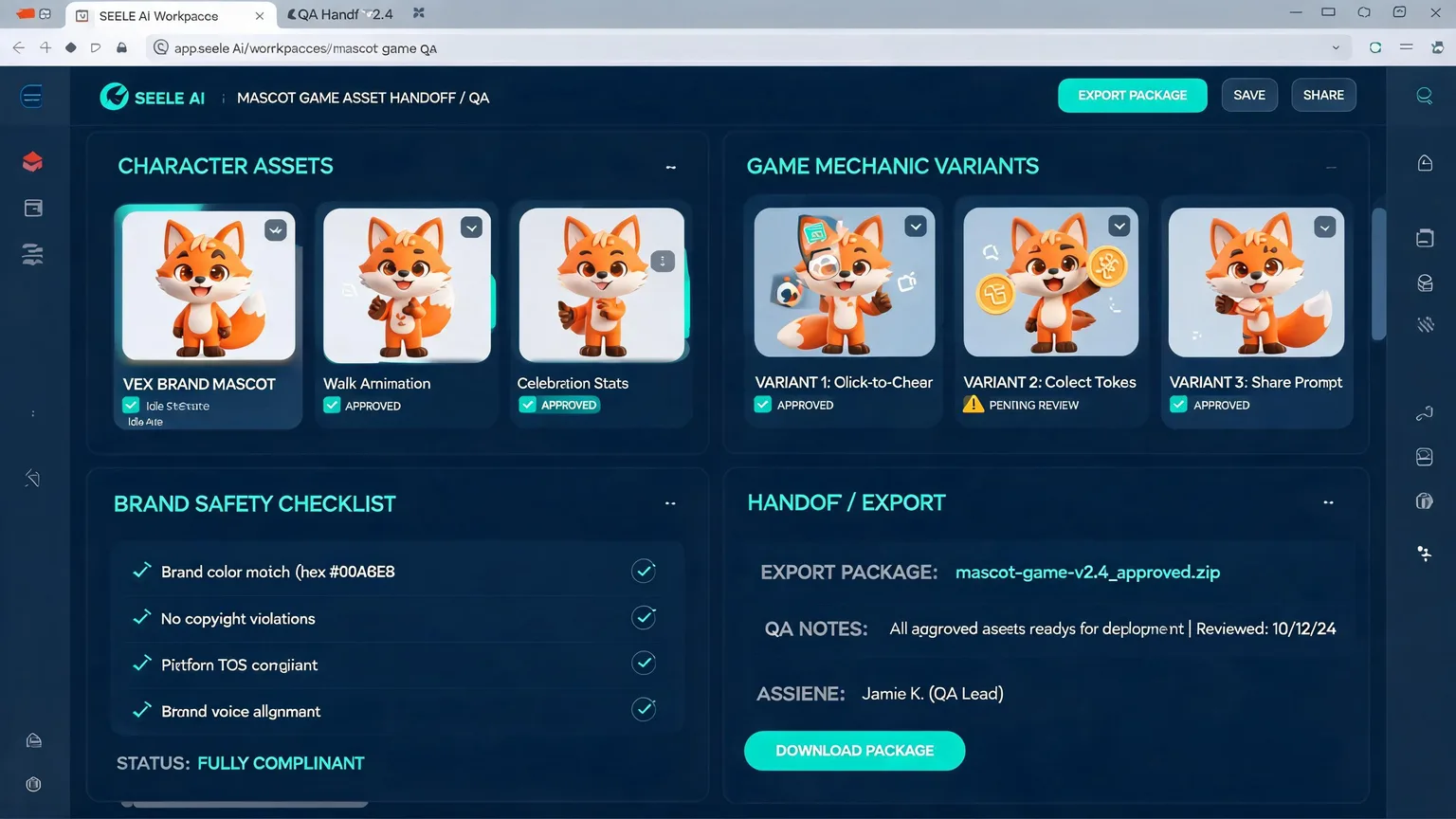 Generated evidence image for Brand Mascot Mini Game Maker showing proof screens, asset package, and playable review notes.