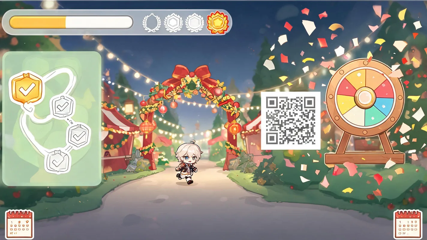 AI-generated event mini game evidence image showing event journey, collectible badge path, and reward result screen.