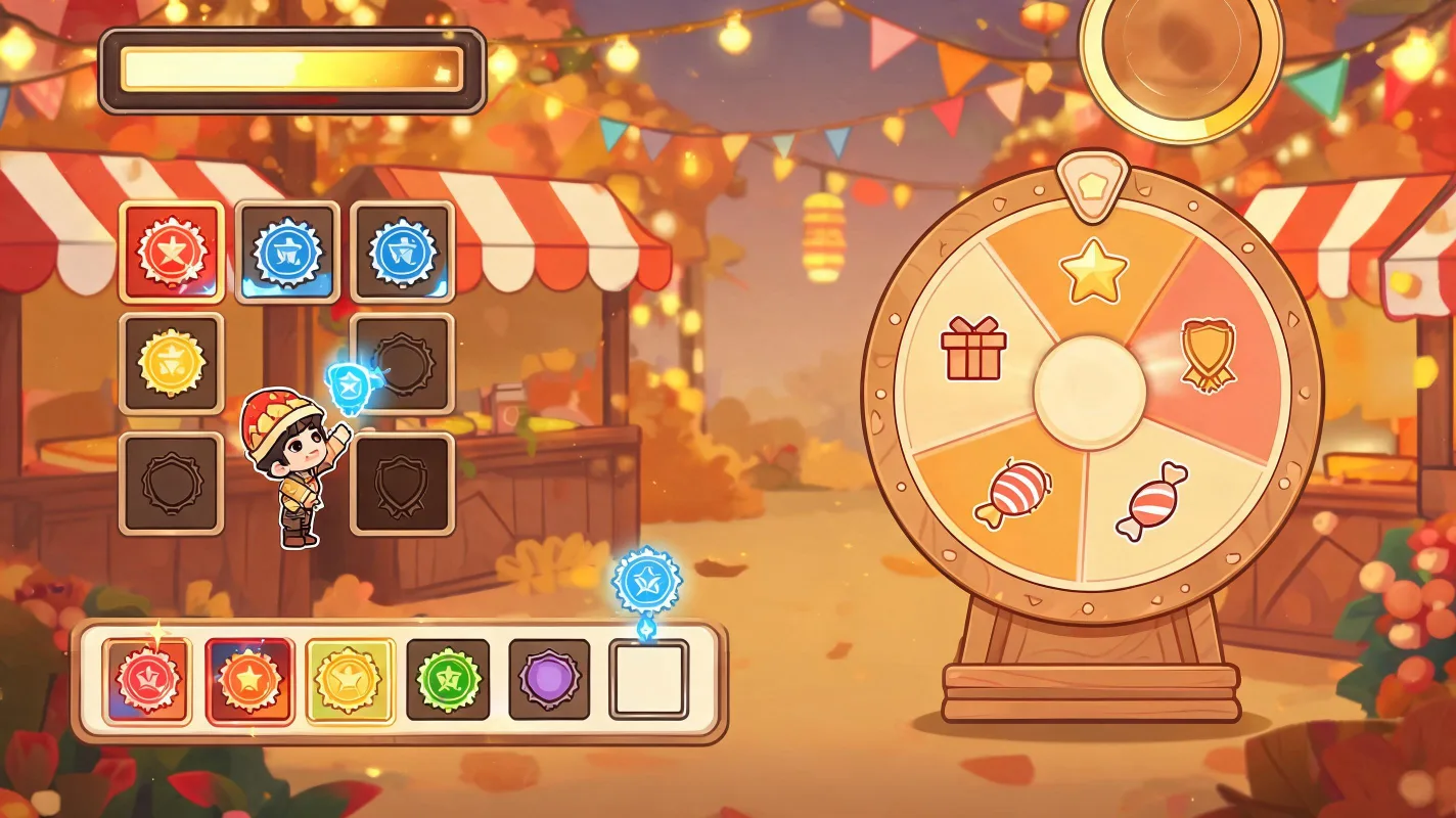 AI-generated event mini game preview showing a QR-friendly festival challenge with badges, rewards, and progress UI.