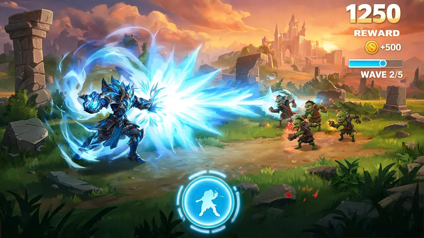 AI-generated game ad creative preview showing a playable hero action concept for UA production.