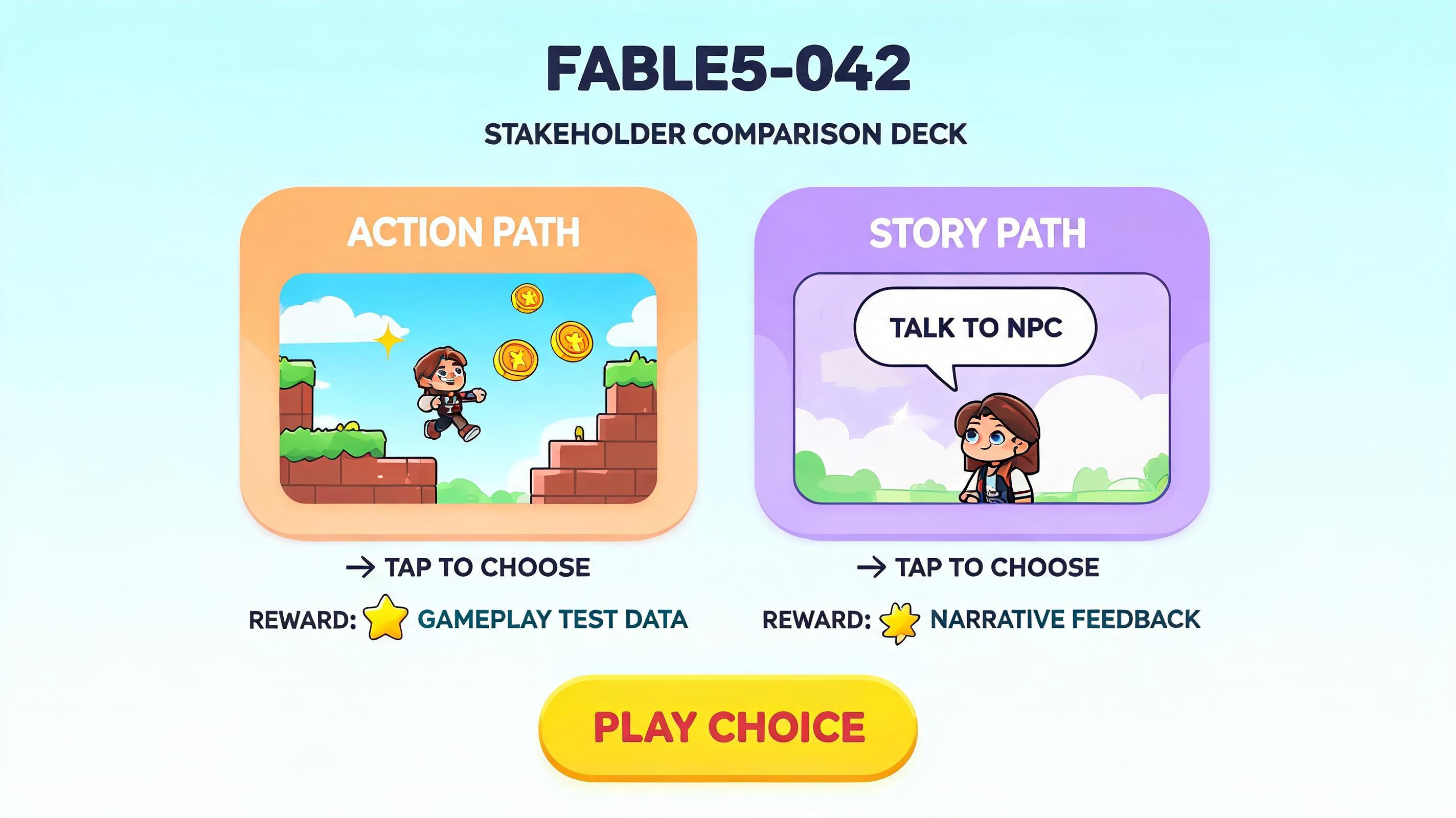 Fable5 Alternative hero plan fable5-042: branching reward-choice scene for short-session game makers with visible first action and browser-playable outcome.