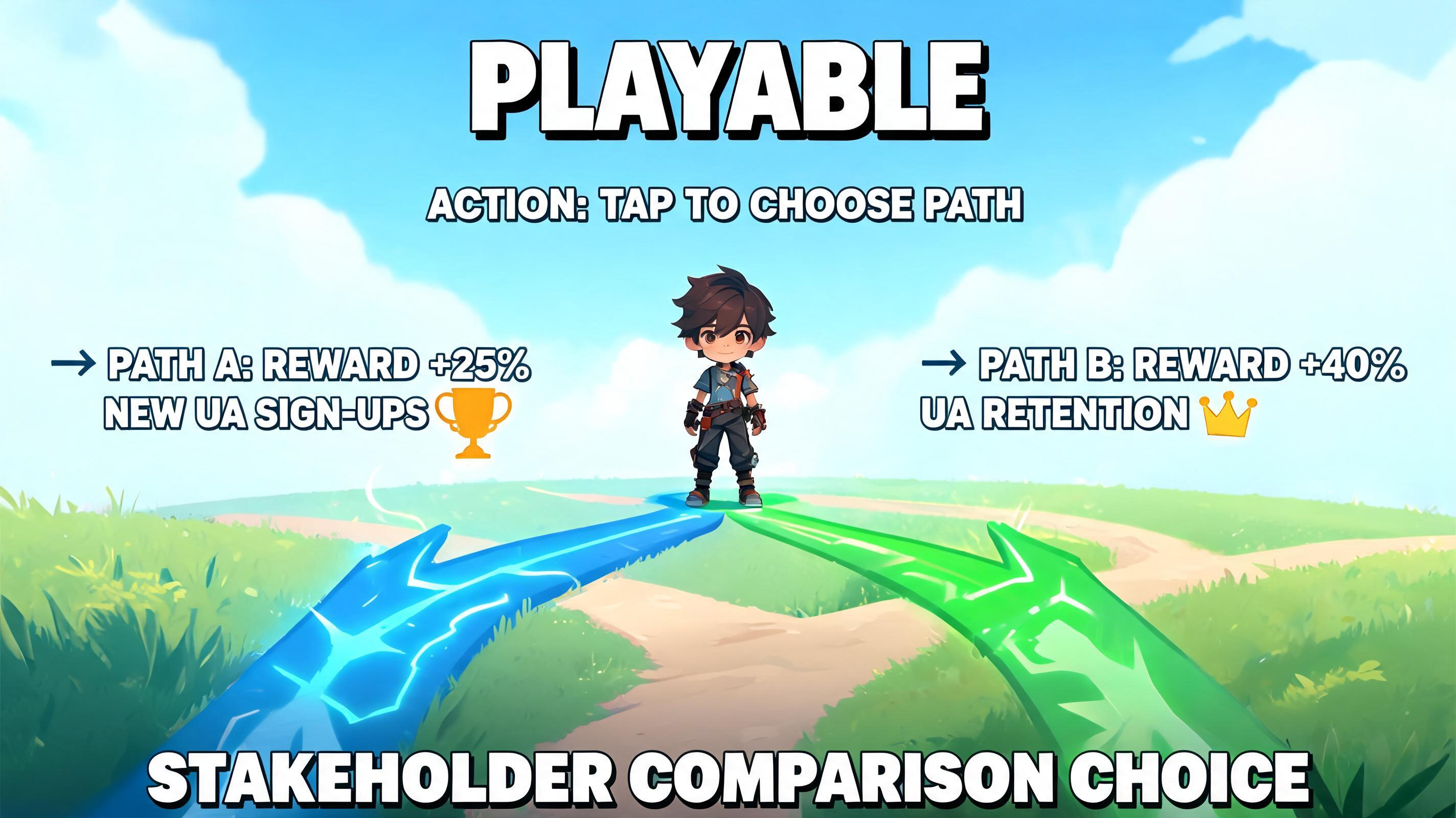 Fable5 Alternative hero plan fable5-007: branching reward-choice scene for UA creative leads with visible first action and browser-playable outcome.