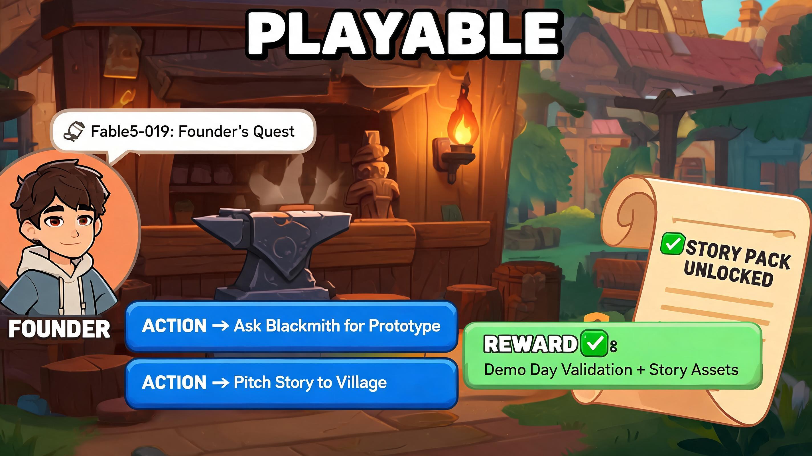 Fable5 Alternative hero plan fable5-019: dialogue-to-reward micro quest for founder-led studios with visible first action and browser-playable outcome.