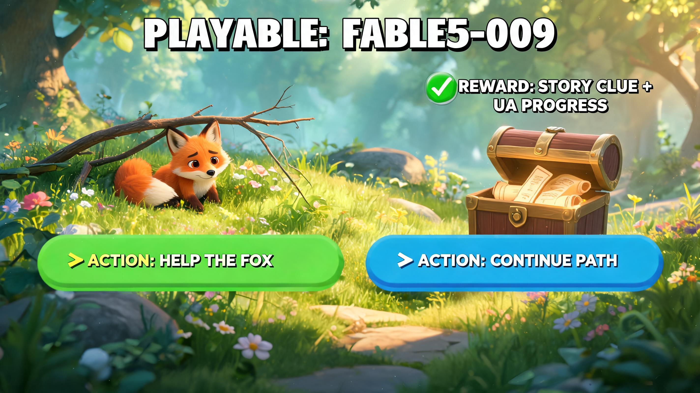Fable5 Alternative hero plan fable5-009: dialogue-to-reward micro quest for UA creative leads with visible first action and browser-playable outcome.