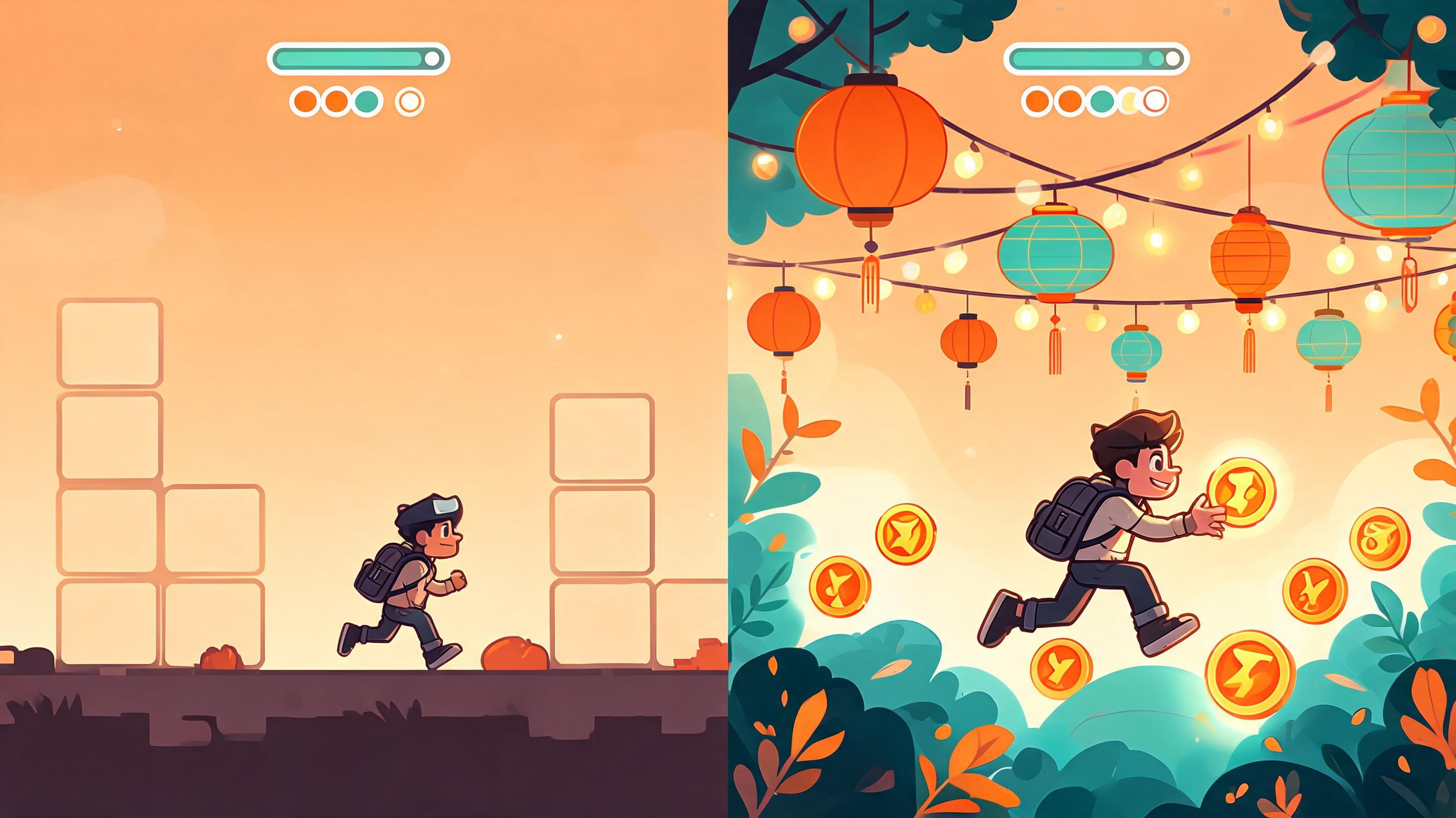 Meta Pocket Style Playable Workflow hero plan metaPocket-014: before-after improvement scene for app marketers with visible first action and browser-playable outcome.