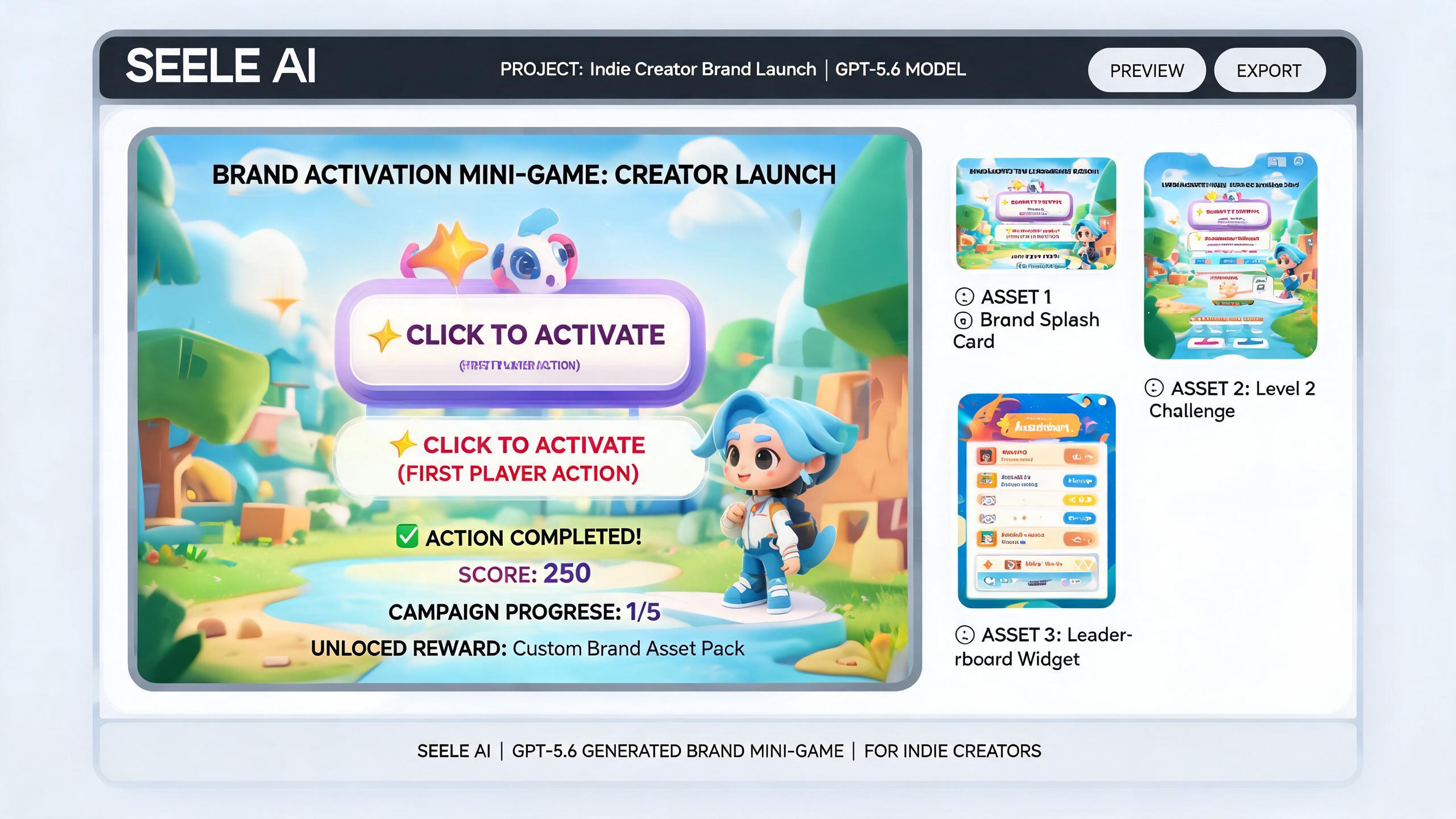 Generated playable preview for gpt56-brand-activation-mini-game-indie-creators: brand activation game with event reward moment, share card, and stakeholder handoff evidence.