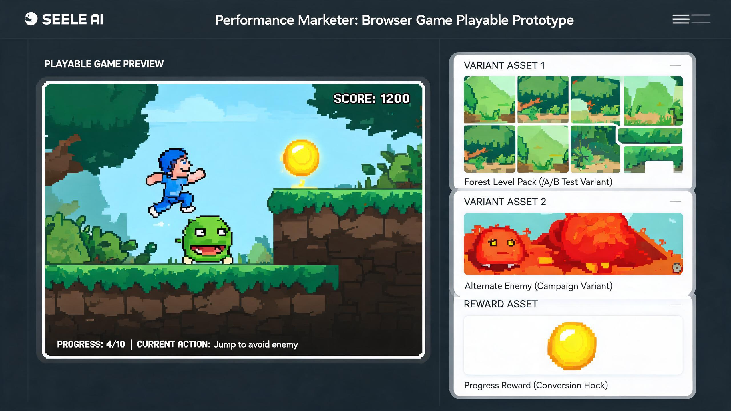 Generated playable preview for gpt56-browser-game-concept-performance-marketers: desktop browser arcade mini game with score UI and shareable result evidence.