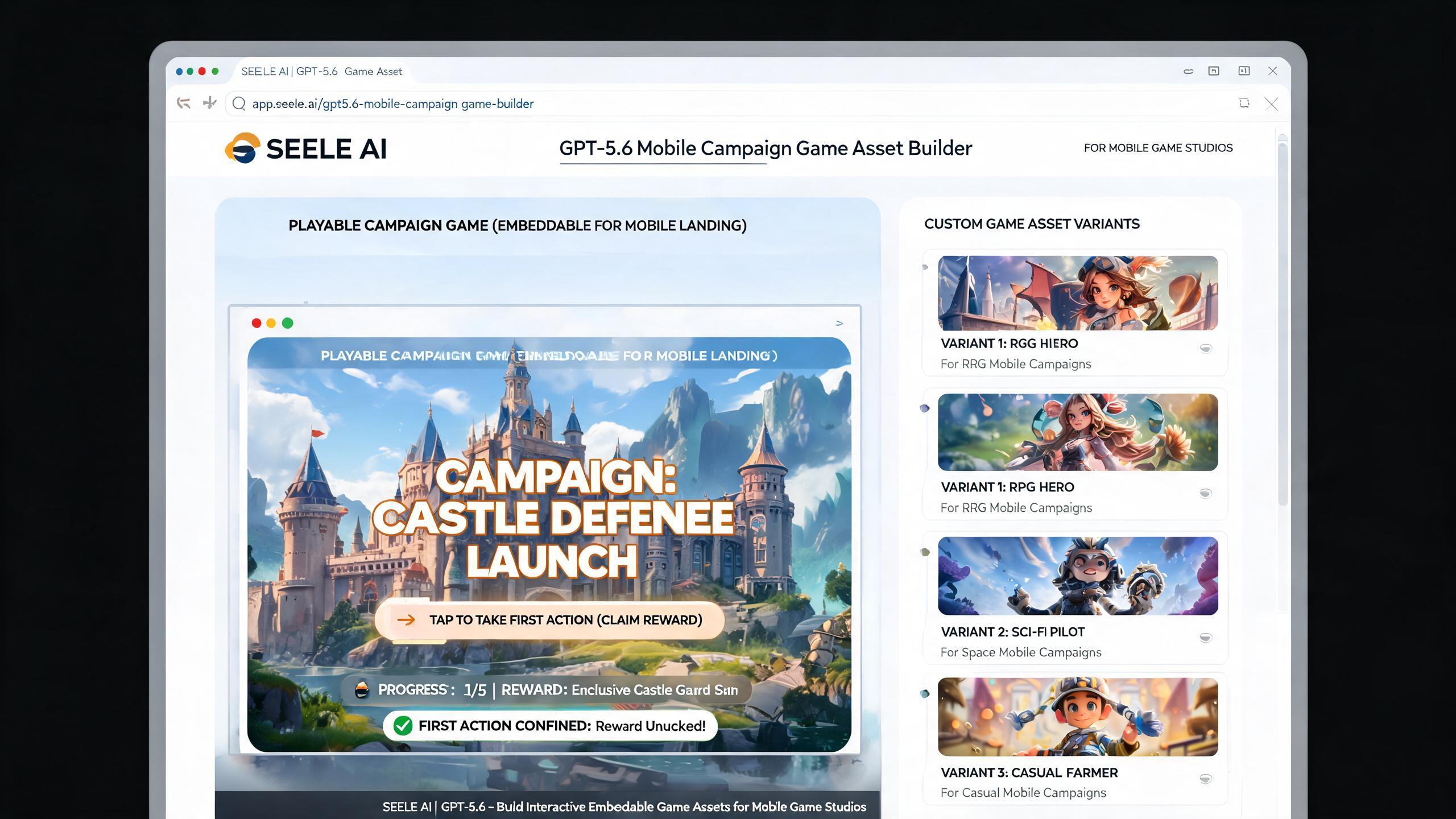 Generated playable preview for gpt56-campaign-game-landing-asset-mobile-game-studios: brand campaign mini game with reward/coupon screen and launch-page package evidence.