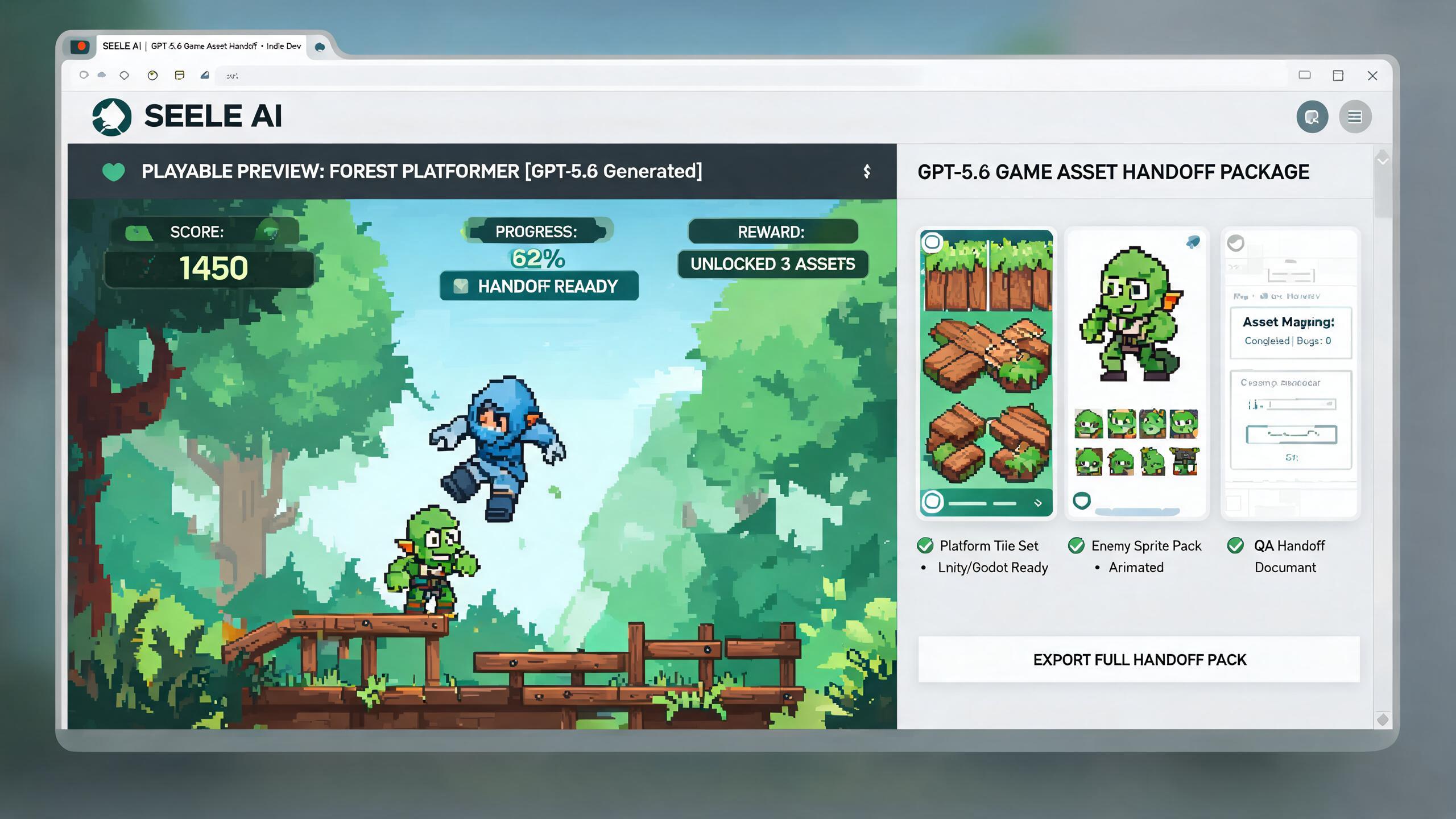 Generated playable preview for gpt56-game-asset-handoff-package-indie-creators: playable game asset handoff package with sprites, UI states, QA notes, and export evidence.
