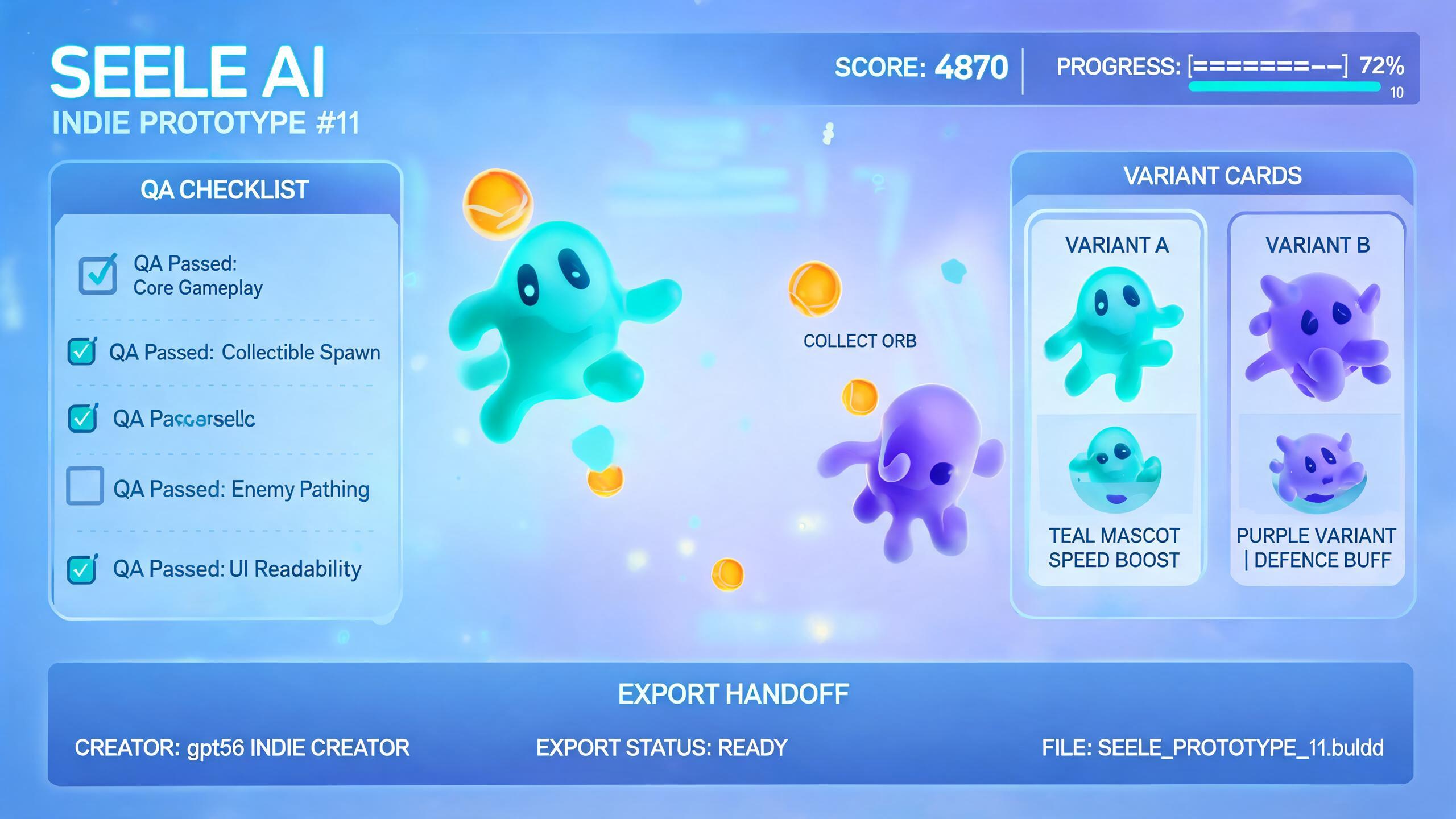 Generated playable preview for gpt56-indie-creator-prototype-indie-creators: indie browser prototype with story prompt, player action, reward state, and creator handoff package.
