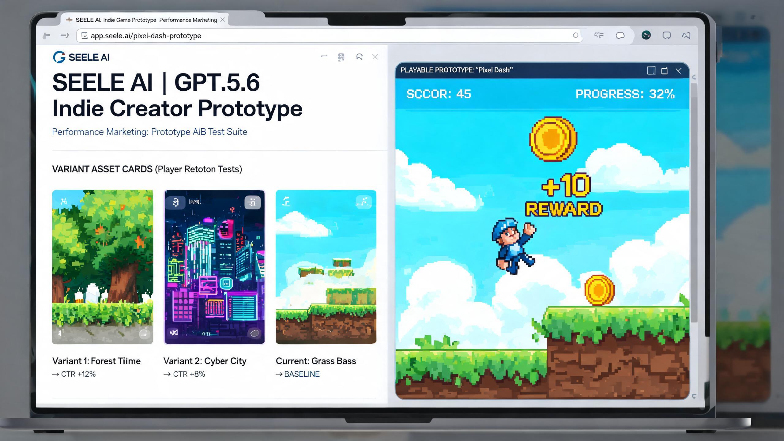 Generated playable preview for gpt56-indie-creator-prototype-performance-marketers: indie browser prototype with story prompt, player action, reward state, and creator handoff package.
