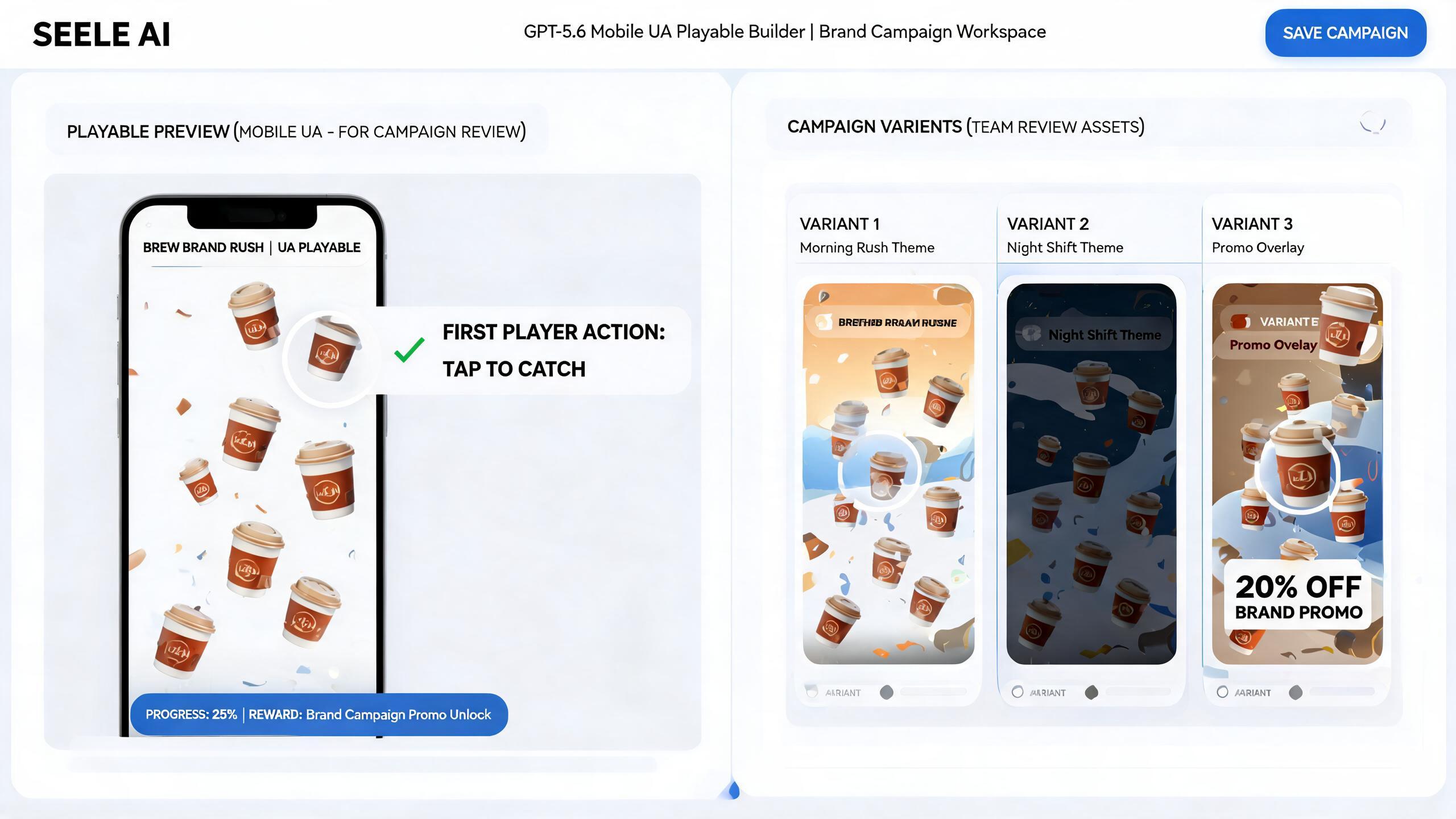 Generated playable preview for gpt56-mobile-ua-playable-concept-brand-campaign-teams: mobile UA playable concept with app install end-card, variant states, and creative QA notes.