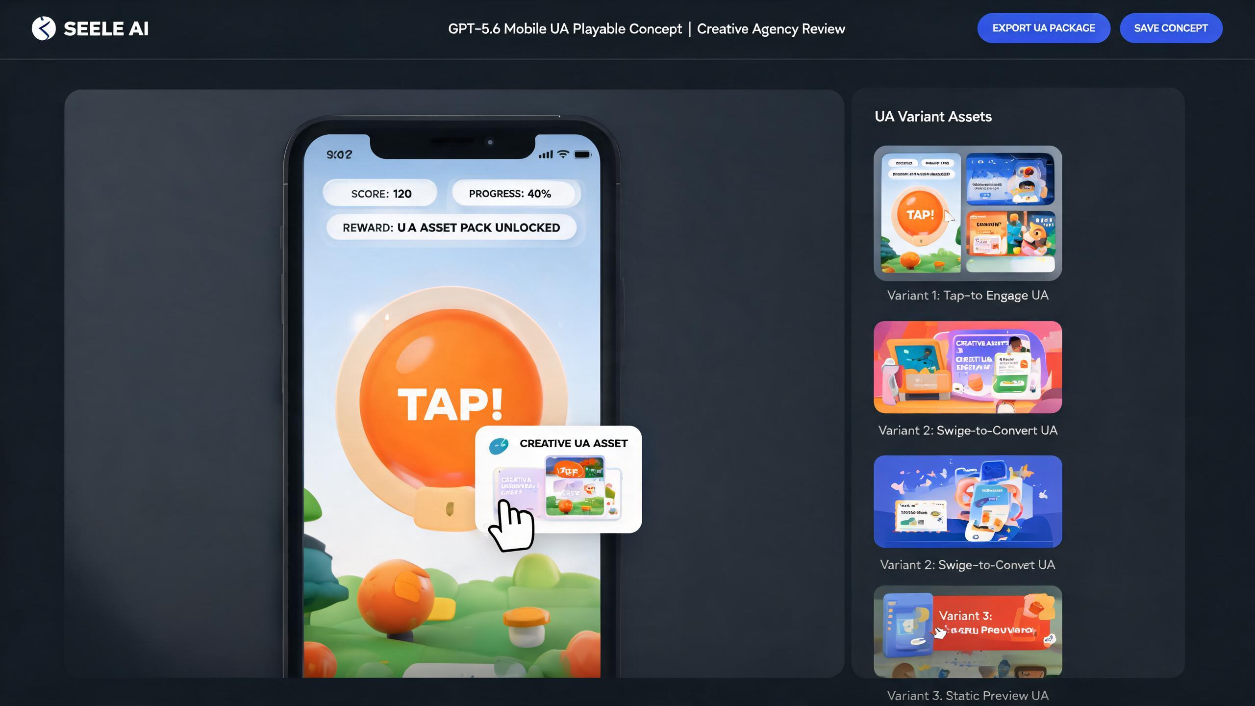 Generated playable preview for gpt56-mobile-ua-playable-concept-creative-agencies: mobile UA playable concept with app install end-card, variant states, and creative QA notes.