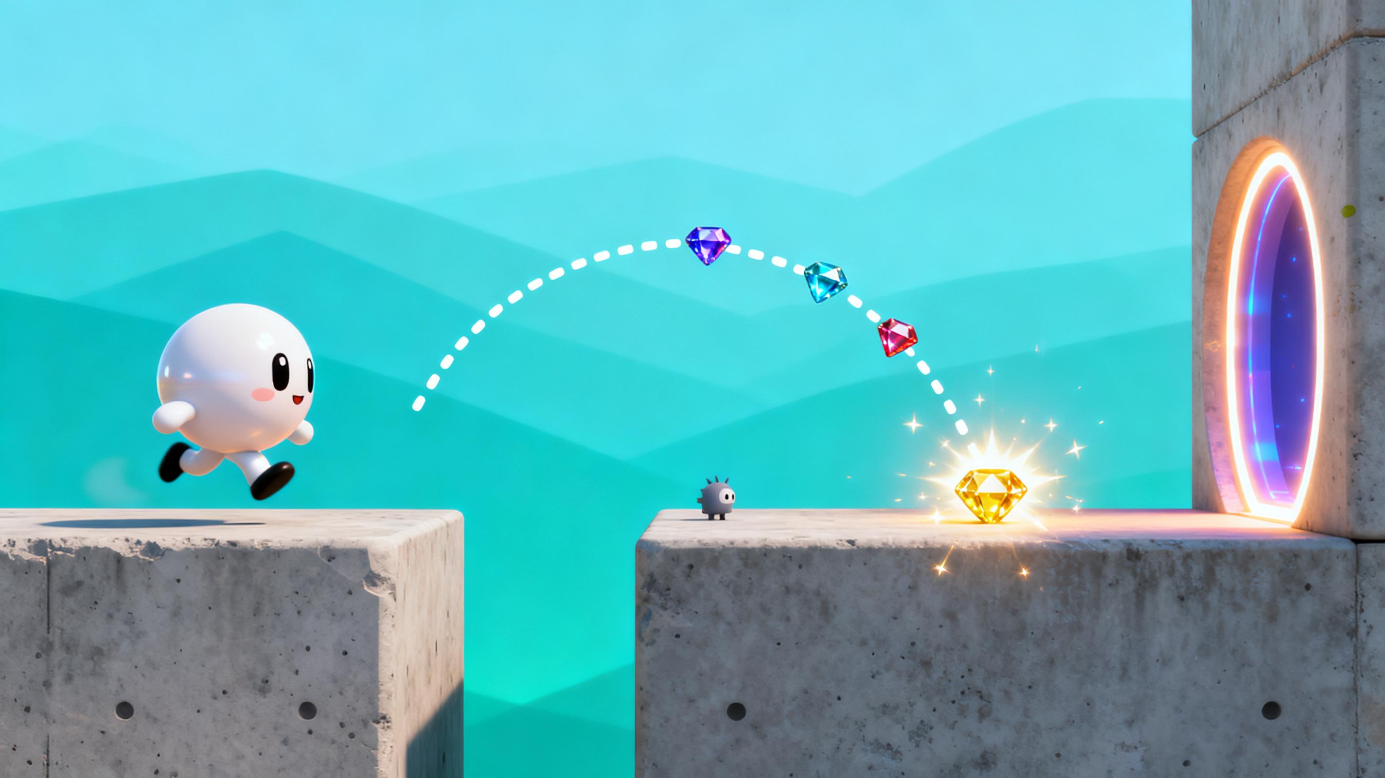 Generated image-to-game evidence preview showing a mascot character inside a platformer with gems, enemies, and goal portal.
