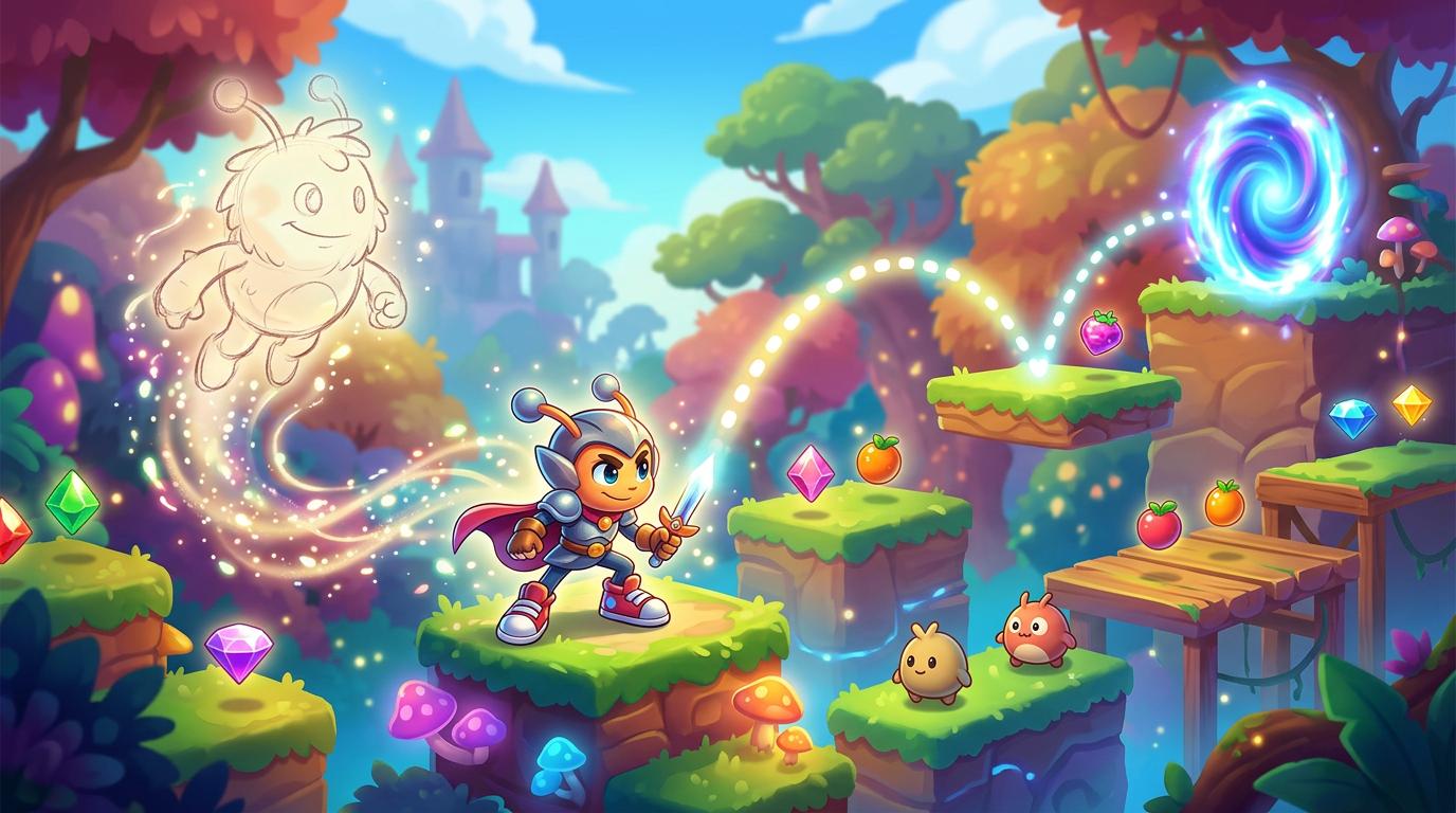 Generated image-to-game hero preview showing a mascot concept transformed into a playable platform level.