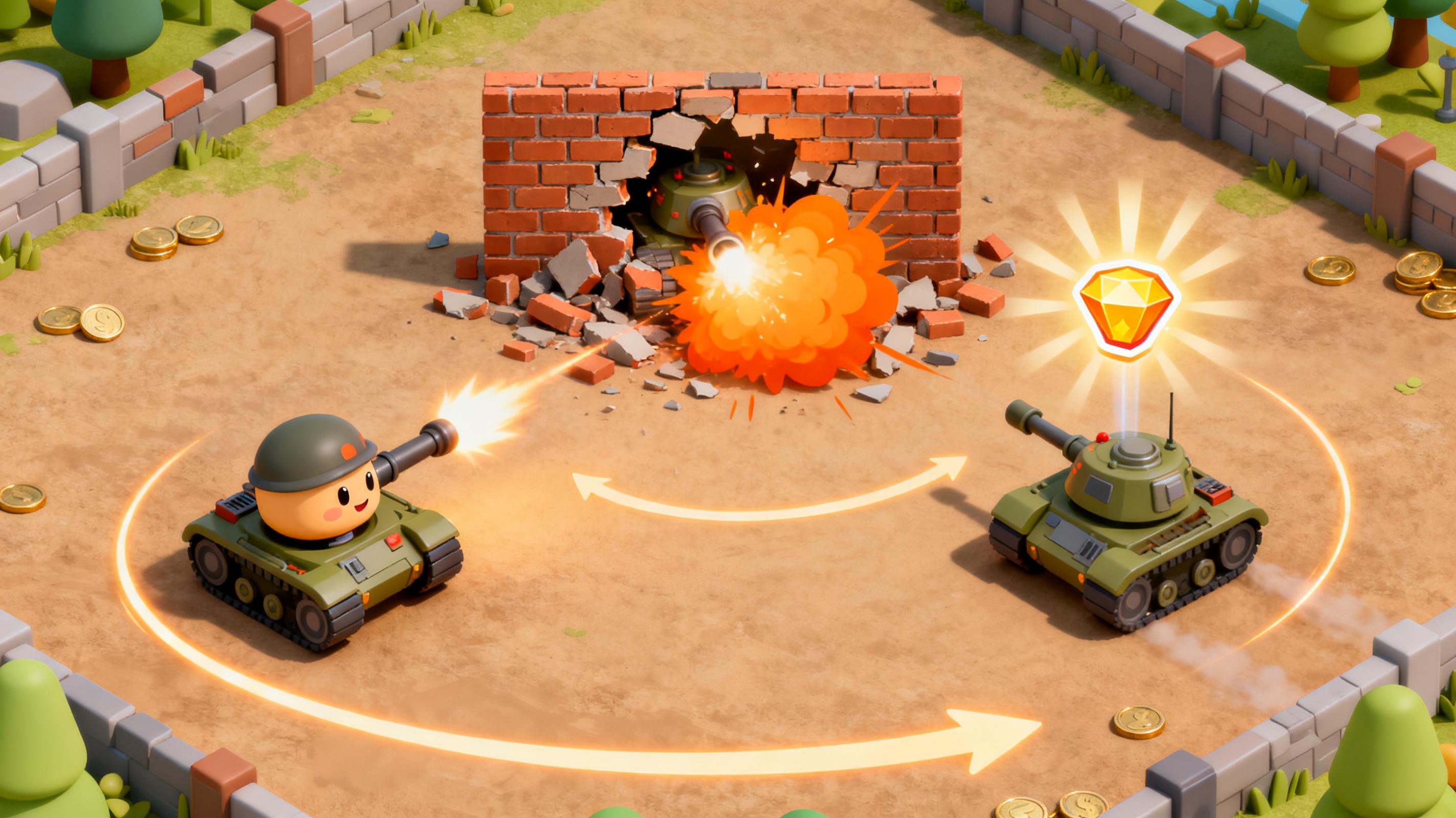 Generated playable ad evidence preview showing first action, enemy hit, and reward feedback in a tank arena.
