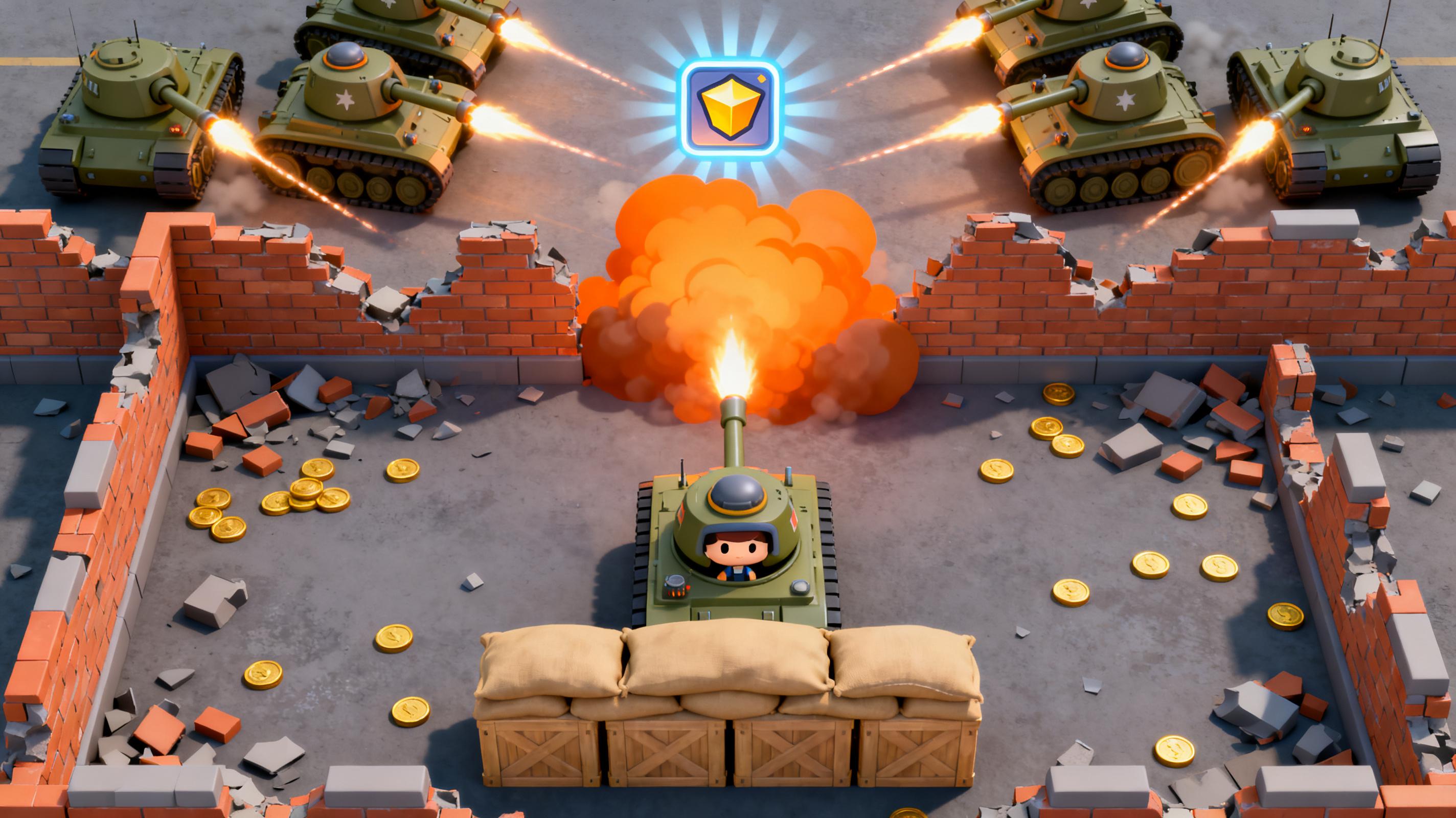 Generated playable ad hero preview with a top-down tank arena, shells, cover, enemies, and rewards.