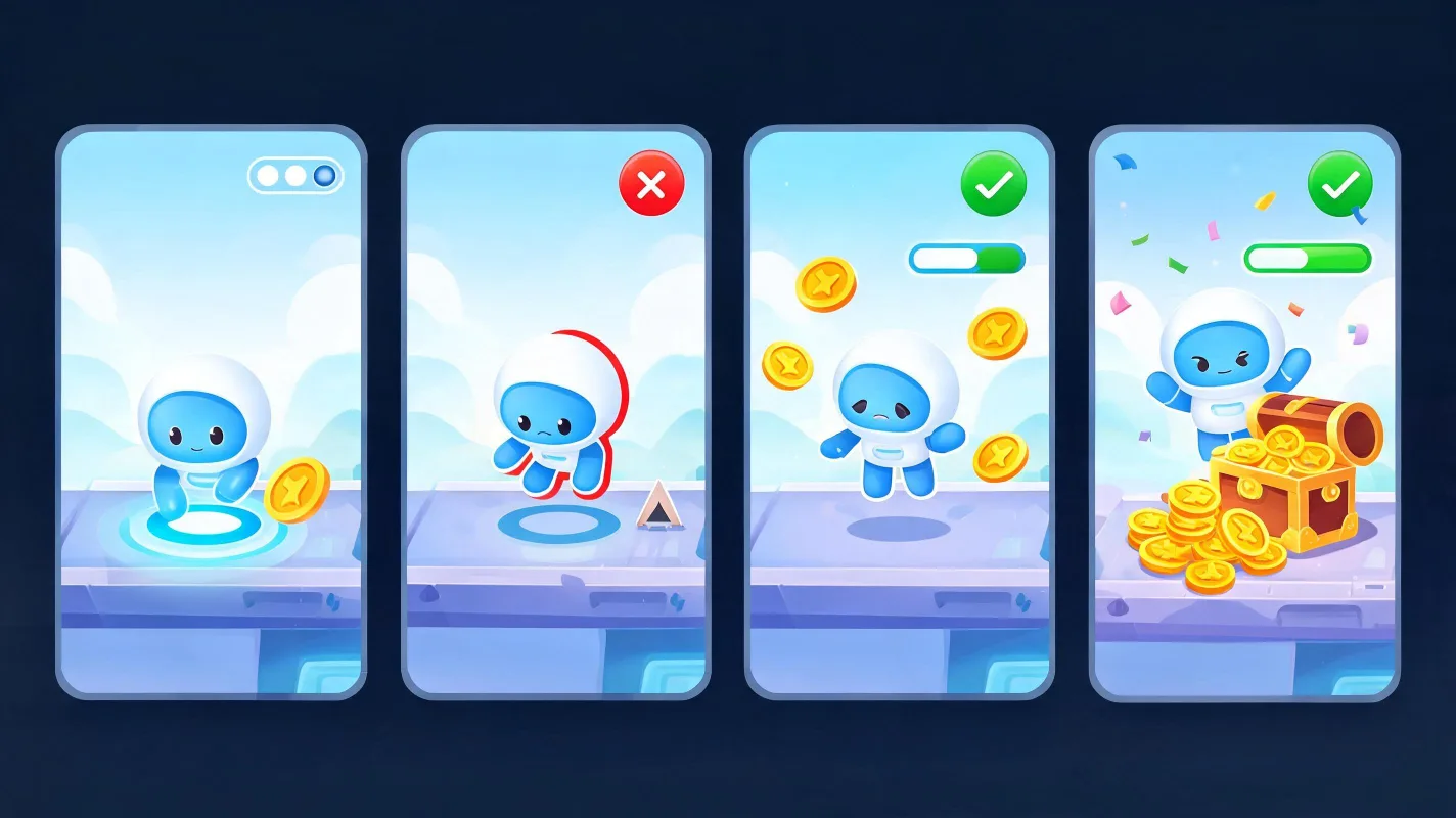 AI-generated playable ad prototype evidence image showing hook, fail, reward, and final scene moments.