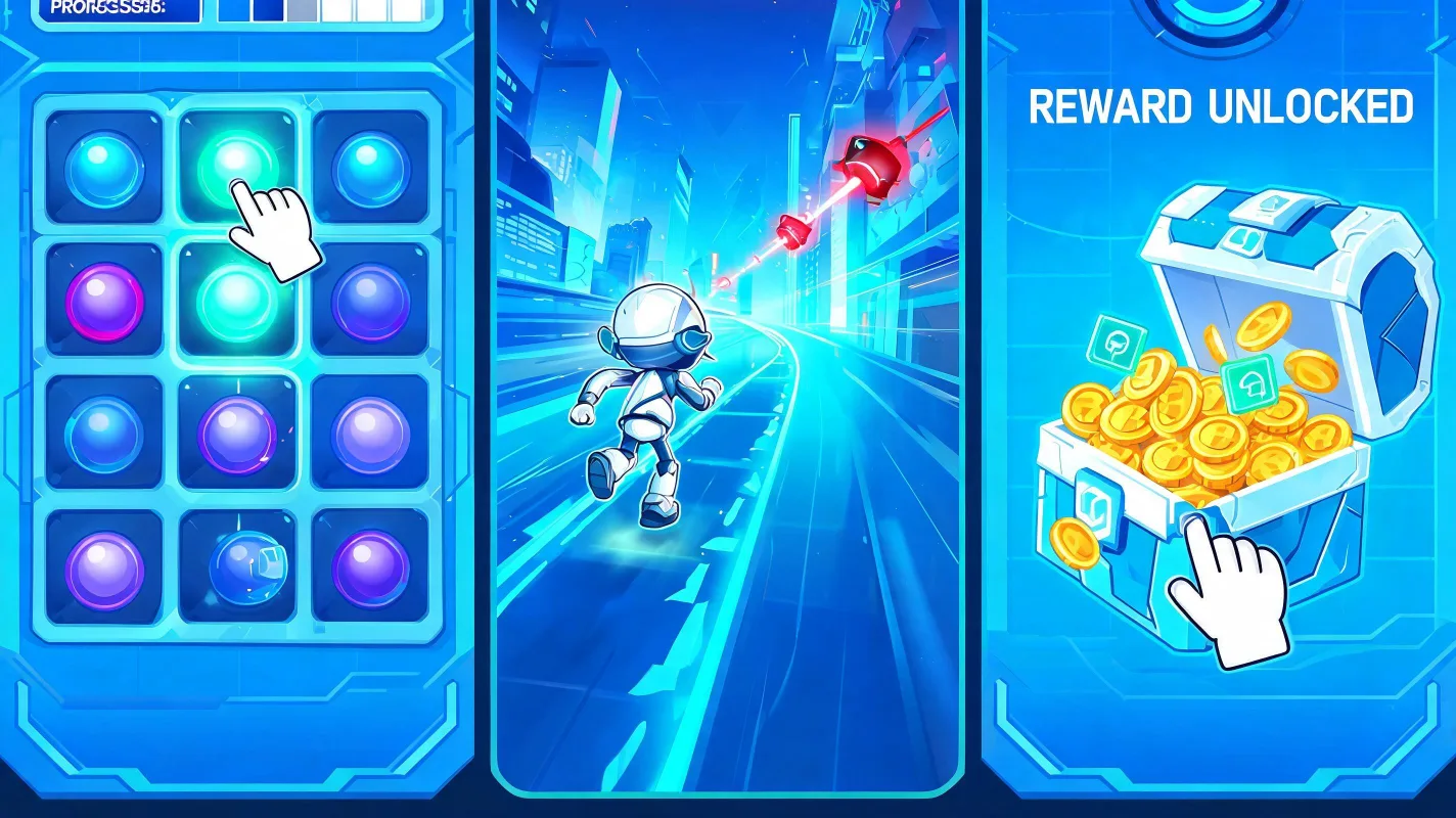 AI-generated playable ad variants preview showing one UA brief branching into multiple playable mini game scenes.