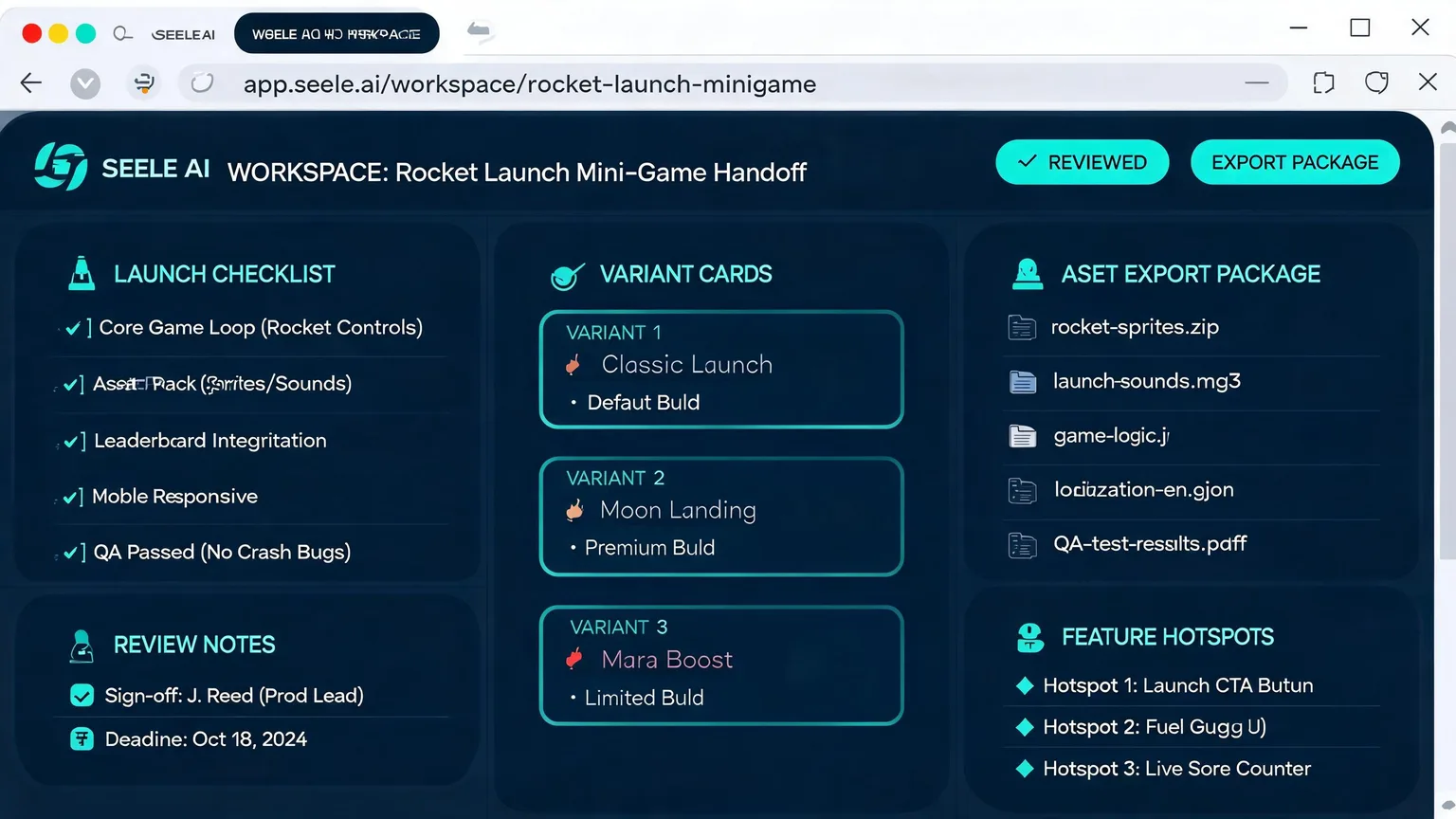 Generated evidence image for Product Launch Mini Game Maker showing proof screens, asset package, and playable review notes.