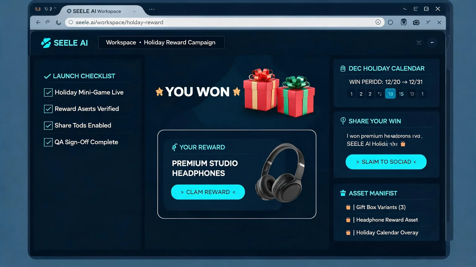 Generated evidence image for Seasonal Campaign Mini Game Maker showing proof screens, asset package, and playable review notes.