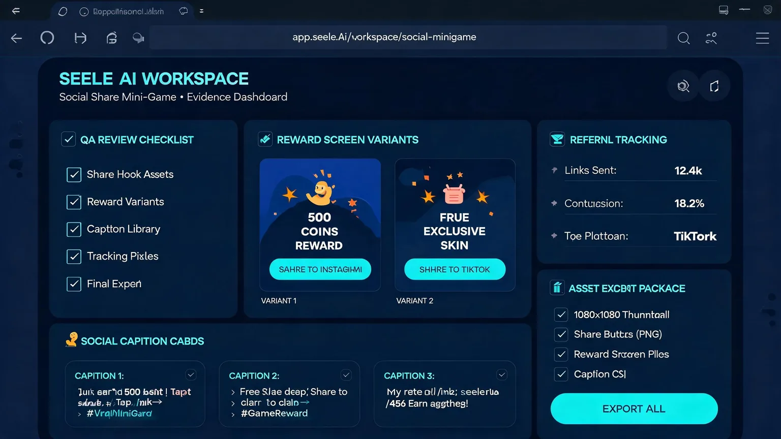 Generated evidence image for Social Share Mini Game Maker showing proof screens, asset package, and playable review notes.