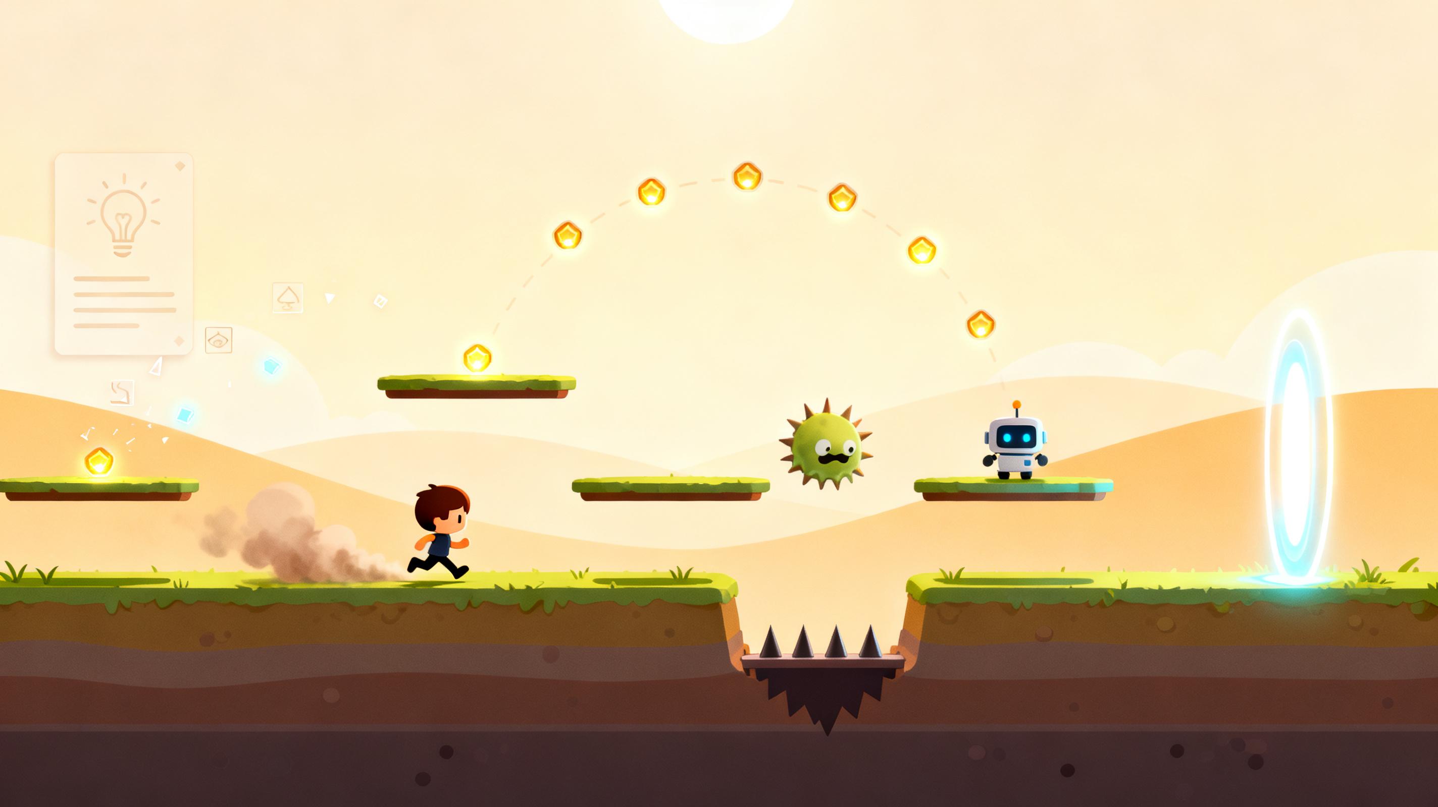 Generated text-to-mini-game evidence preview showing a platformer loop with prompt fragments, obstacles, coins, and a goal portal.