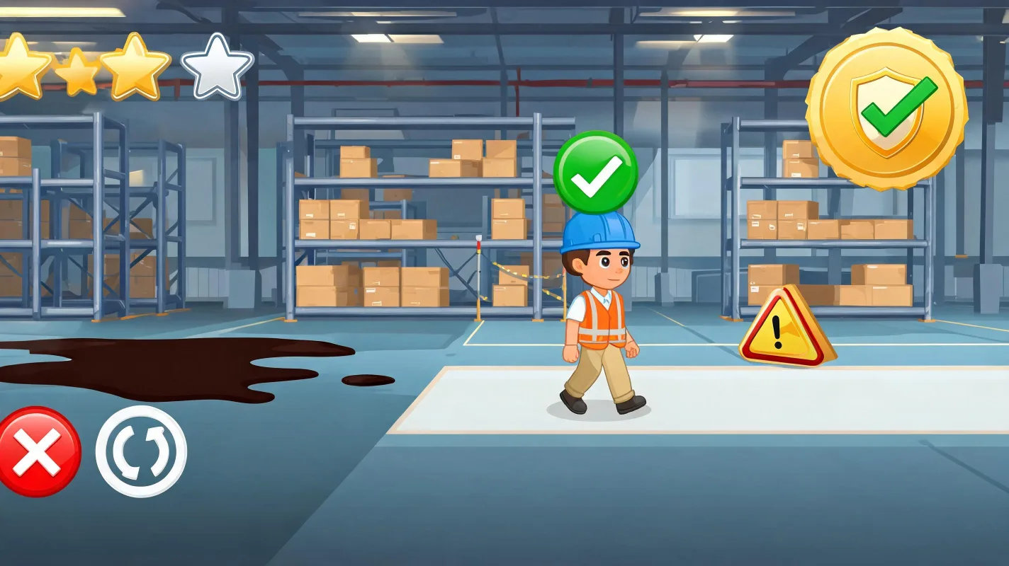 AI-generated training mini game evidence image showing scenario choices, feedback states, score, and achievement result.