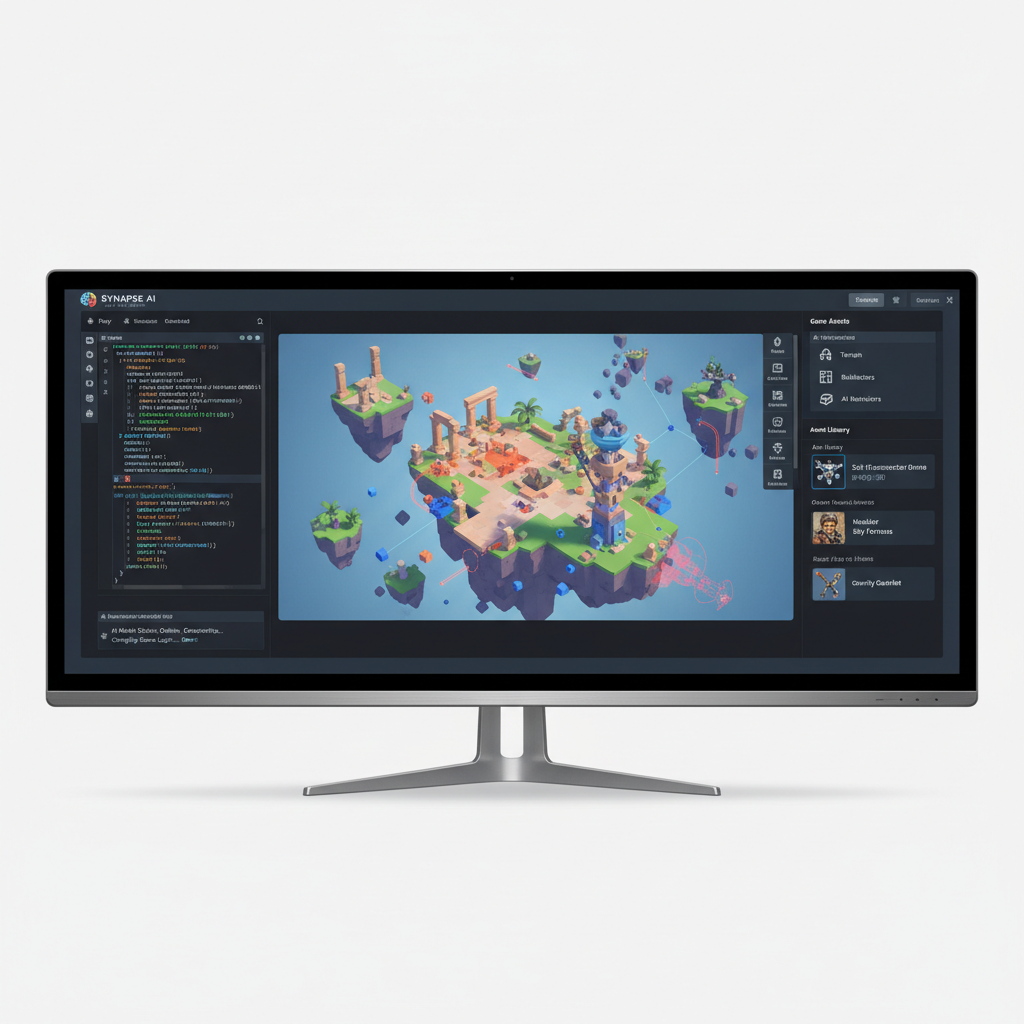 AI game development interface showing code editor and 3D scene preview for sandbox game creation