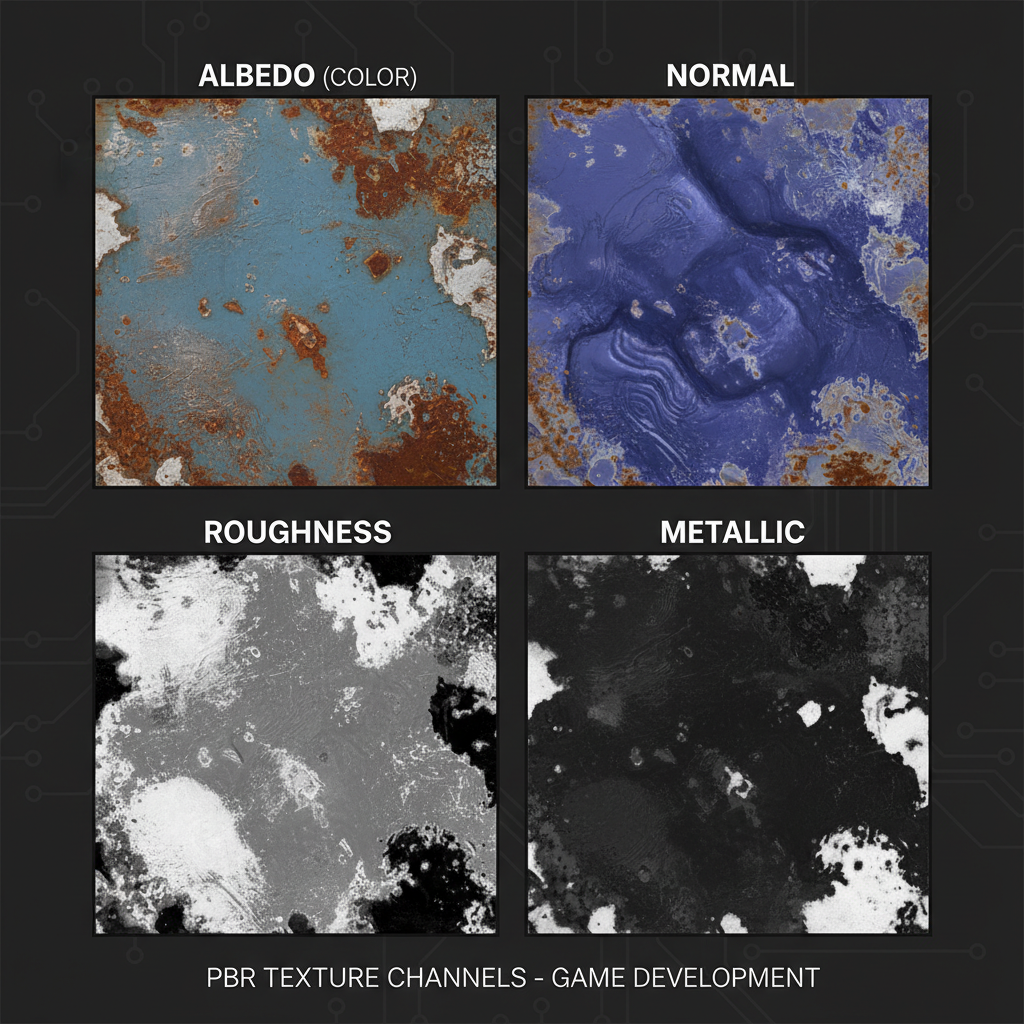 PBR texture map breakdown showing different channels
