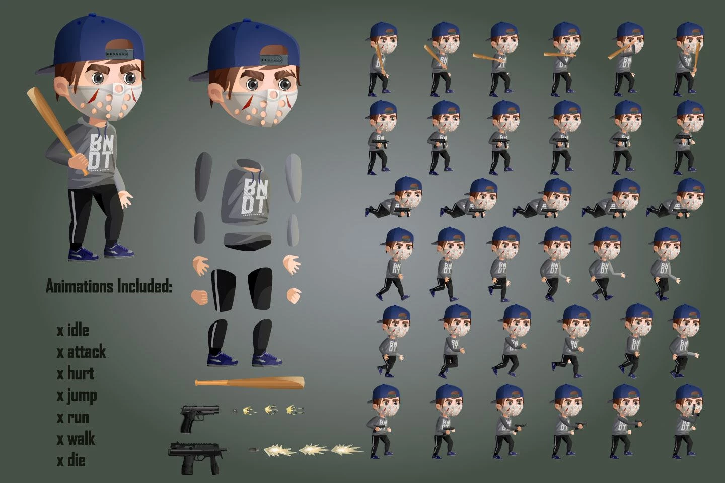 2D sprite animation sheet showing character movement frames