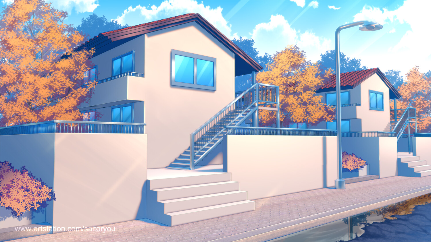 Peaceful anime-style neighborhood with autumn trees