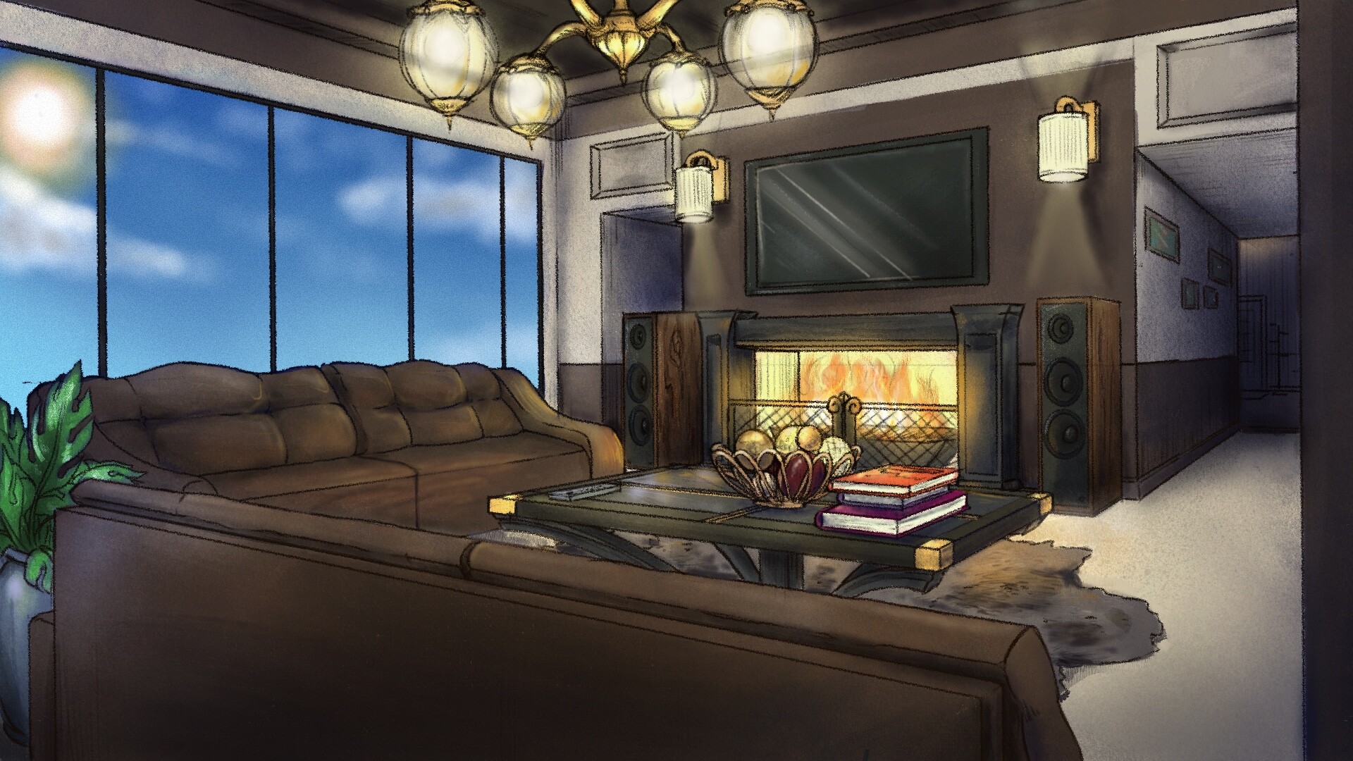 Cozy living room with fireplace and natural lighting