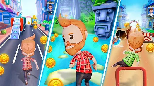 A cartoon-style character with red hair and a beard is running through different colorful environments, collecting gold coins along a road that resembles a 3D runner game.