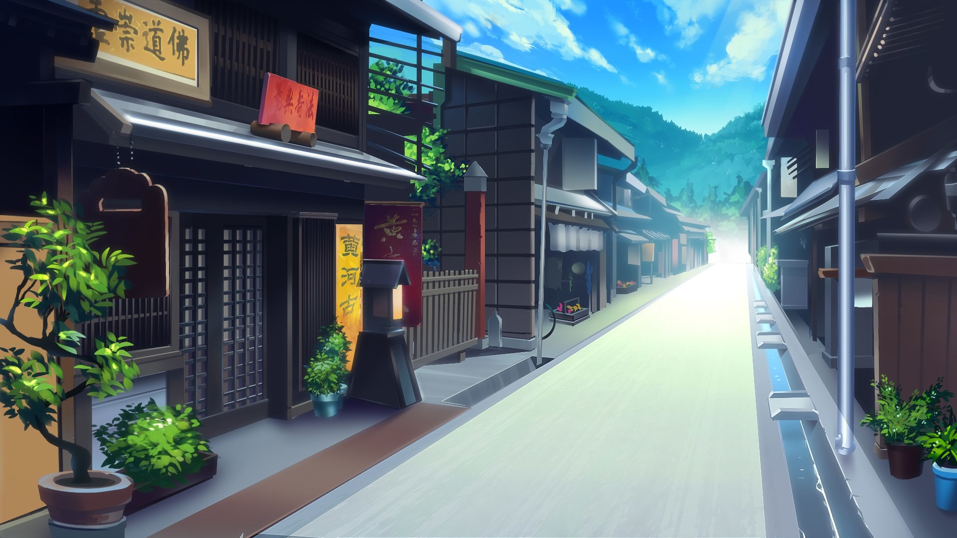 Traditional Japanese town street with mountain backdrop