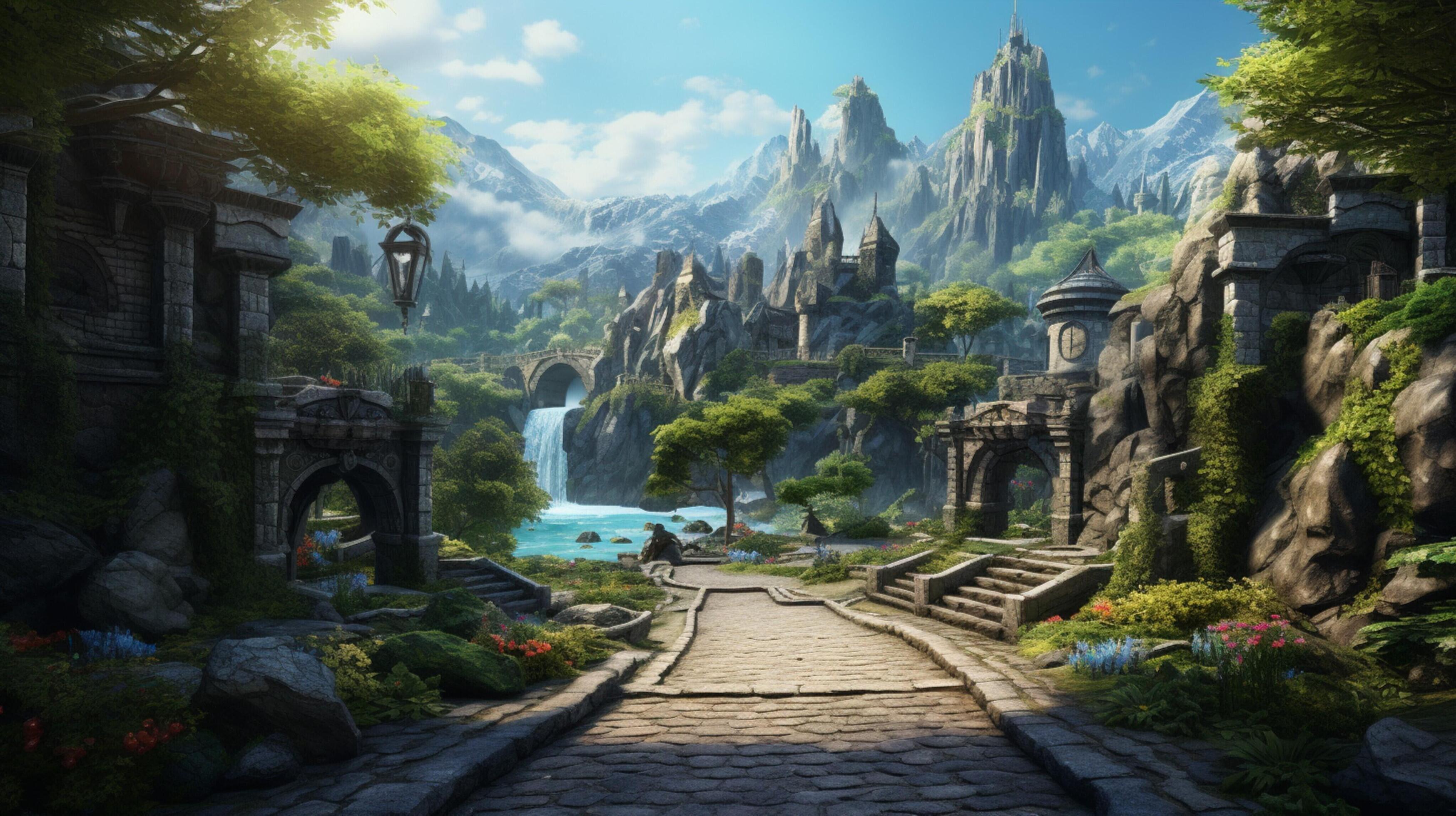 Fantasy landscape with stone pathway and waterfall