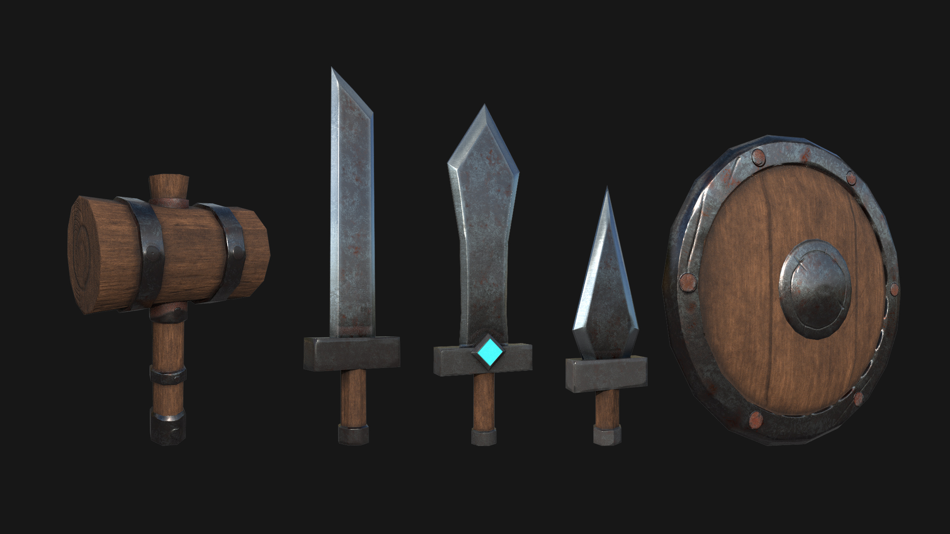 A set of medieval-style weapons and a shield, including a hammer and three different swords with wooden and metal handles, all designed as 3D game assets.